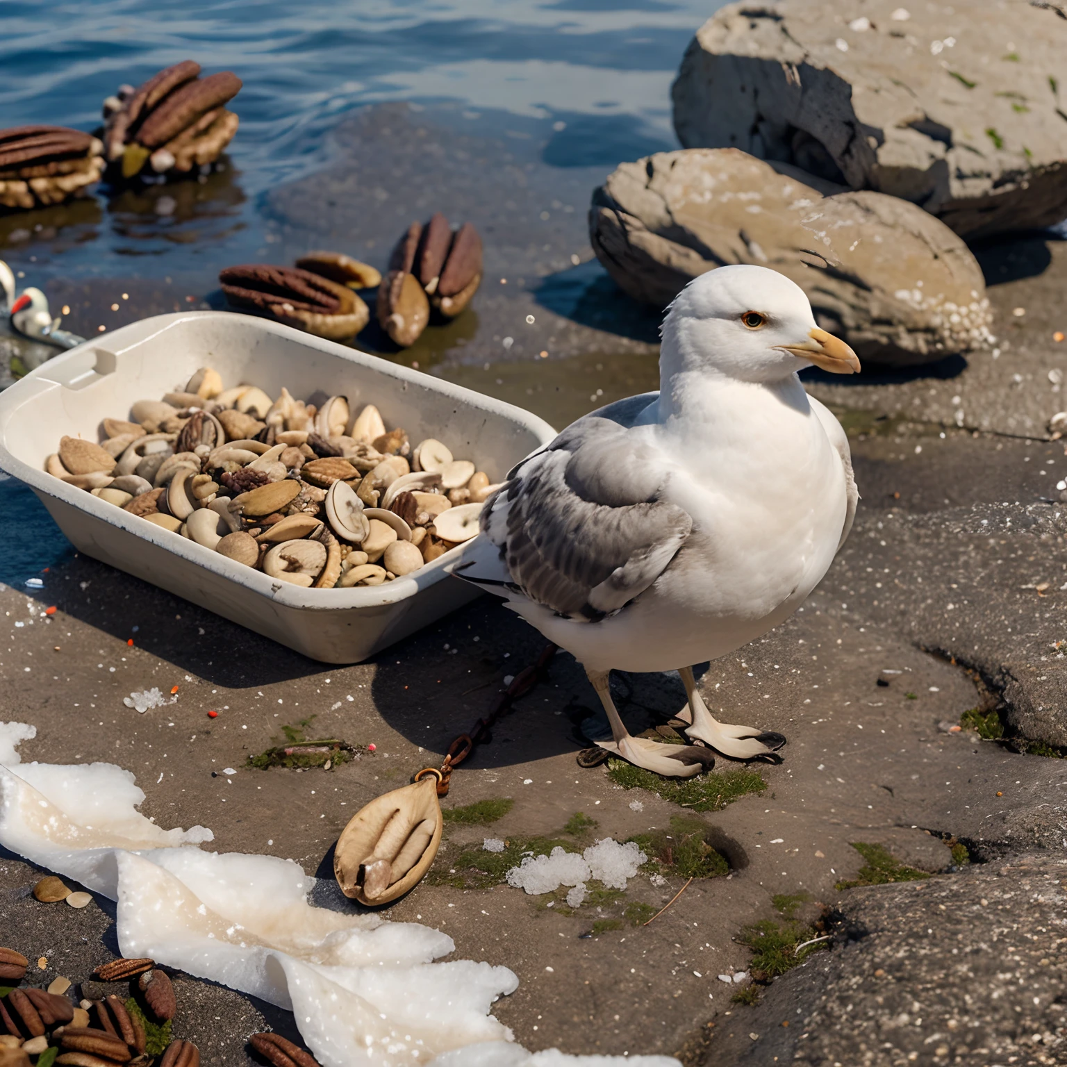 Seagull with nuts and a necklace with salty