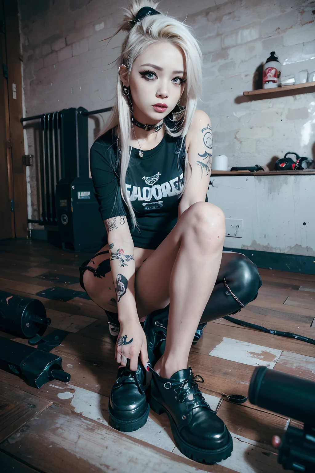 Punk Girl、a blond、Radical punk hair、Laced boots、Holding a bat、The tattoo、The tattoo、The tattoo、tattoos all over body、Tank Tops、Lots of piercings、realistic skin textures、28 year old ,beautifull hands、pouty expression、abandoned houses、Piercing on the lips、piercings、Mohawk mowing