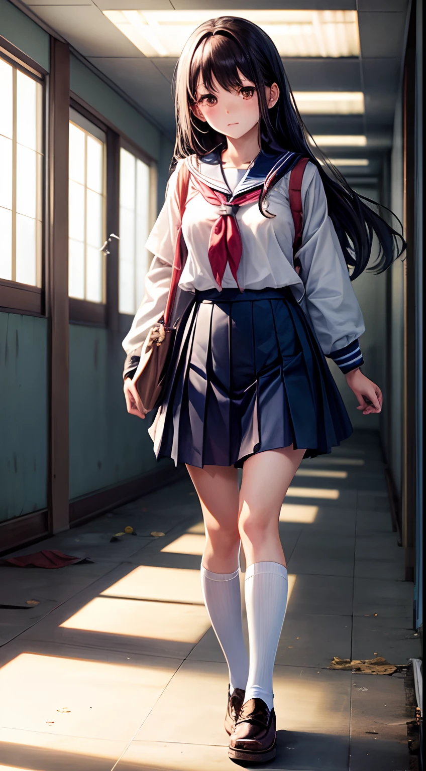 Japanese Style Ánime, High School Girl Ghost, Coleggial roupas de escola, Flying into rooms of an abandoned school, embarrassed because she urinated in the school hallway