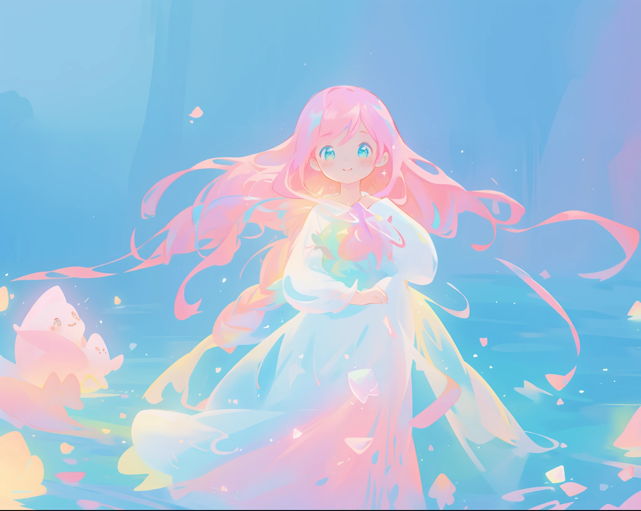 beautiful girl in flowing white dress, vibrant pastel colors, (colorful), magical lights, long flowing colorful pink hair, otherworldly aqua and blue landscape background, inspired by Glen Keane, inspired by Lois van Baarle, disney art style, by Lois van Baarle, glowing aura around her, by Glen Keane, jen bartel, glowing lights! digital painting, flowing glowing hair, glowing flowing hair, beautiful digital illustration, fantasia background, whimsical, magical, fantasy, beautiful face, ((masterpiece, best quality)), intricate details, highly detailed, sharp focus, 8k resolution, sparkling detailed eyes, liquid watercolor