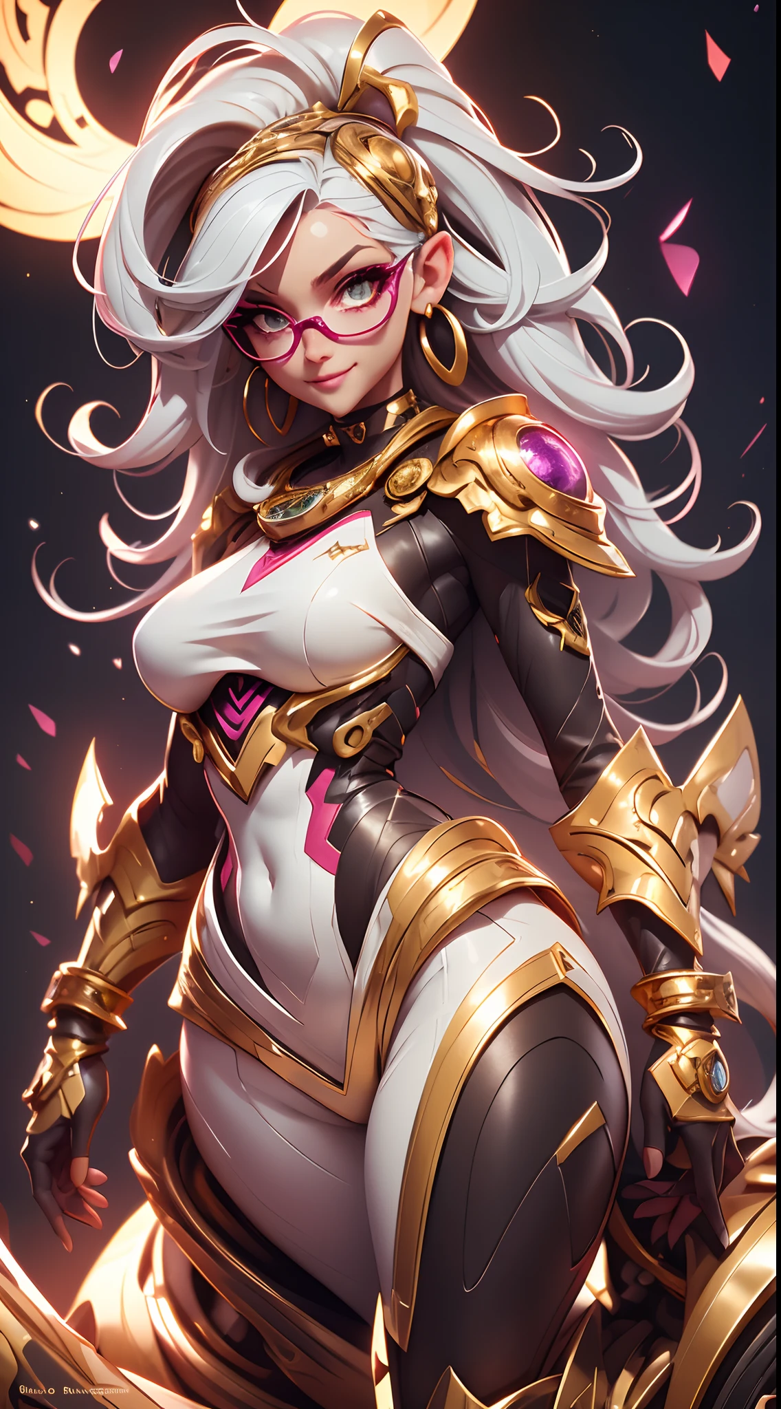 A fantz monster design, Cute robots in space [style-rustmagic]，female robot，Half-human, tmasterpiece，（tmasterpiece，top-quality，best qualityer），1girll， jewely，耳Nipple Ring，choker necklace，bangle，  hoop earings， circle glasses，sun glasses， Long hair and long meat， Blonde hair，Black color hair，Silvery-white hair，Maroon hair， 独奏，  ssmile，  looking at viewert， motorvehicle，The Car， Sports cars，groundvehicle， Sat down， exteriors， daysies， nedium breasts，Open navel， dark skinned female，  Estampados florales， grinning smile，collars，Laser cloth，Sexy bikini，laser，holy rays，gold foil，Gold leaf art，glitter drawing，Correct anatomy，Detailed face, Detailed eyes，Chest exposed，