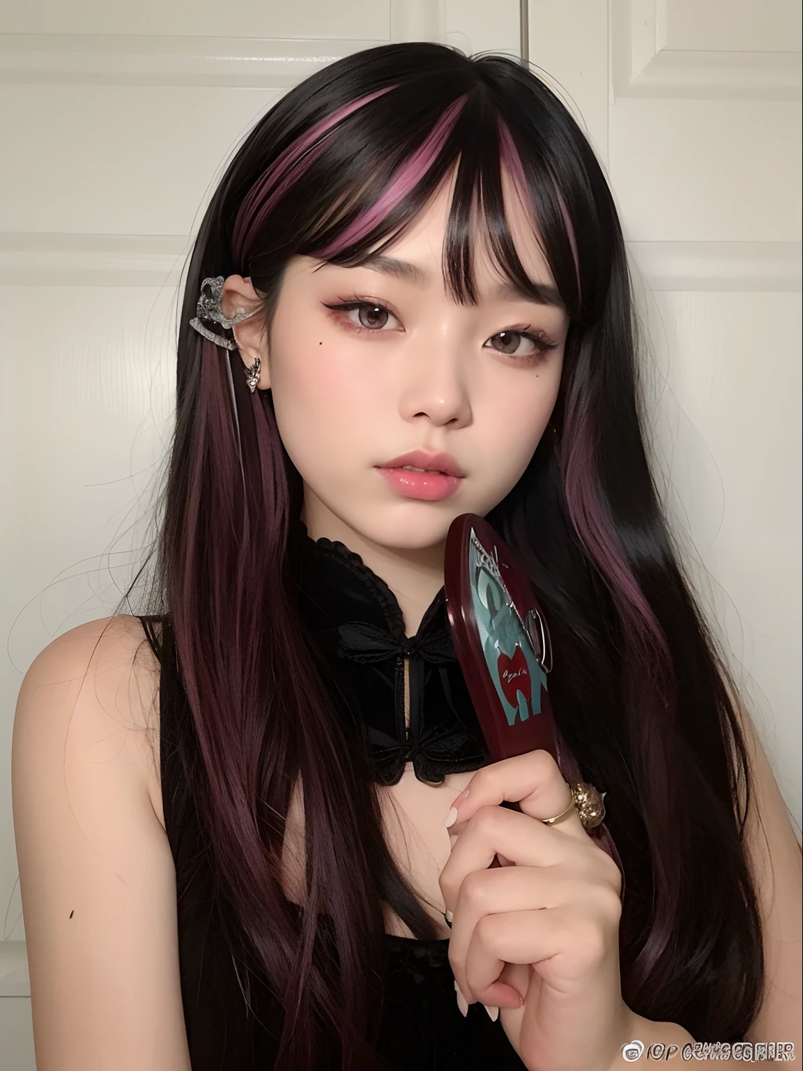 Arafed Asian girl with long black hair and piercings, cruel korean goth girl, Ulzzang, cabelo blackbangs cabelo, preto hime corte cabelo, goth girl aesthetic, 1 7 - year - old anime goth girl, Ela tem cabelo preto com franja, com franja completa, cabelo arrumado com franja, Retrato de Jossi de Blackpink, gothic aesthetic, com franja