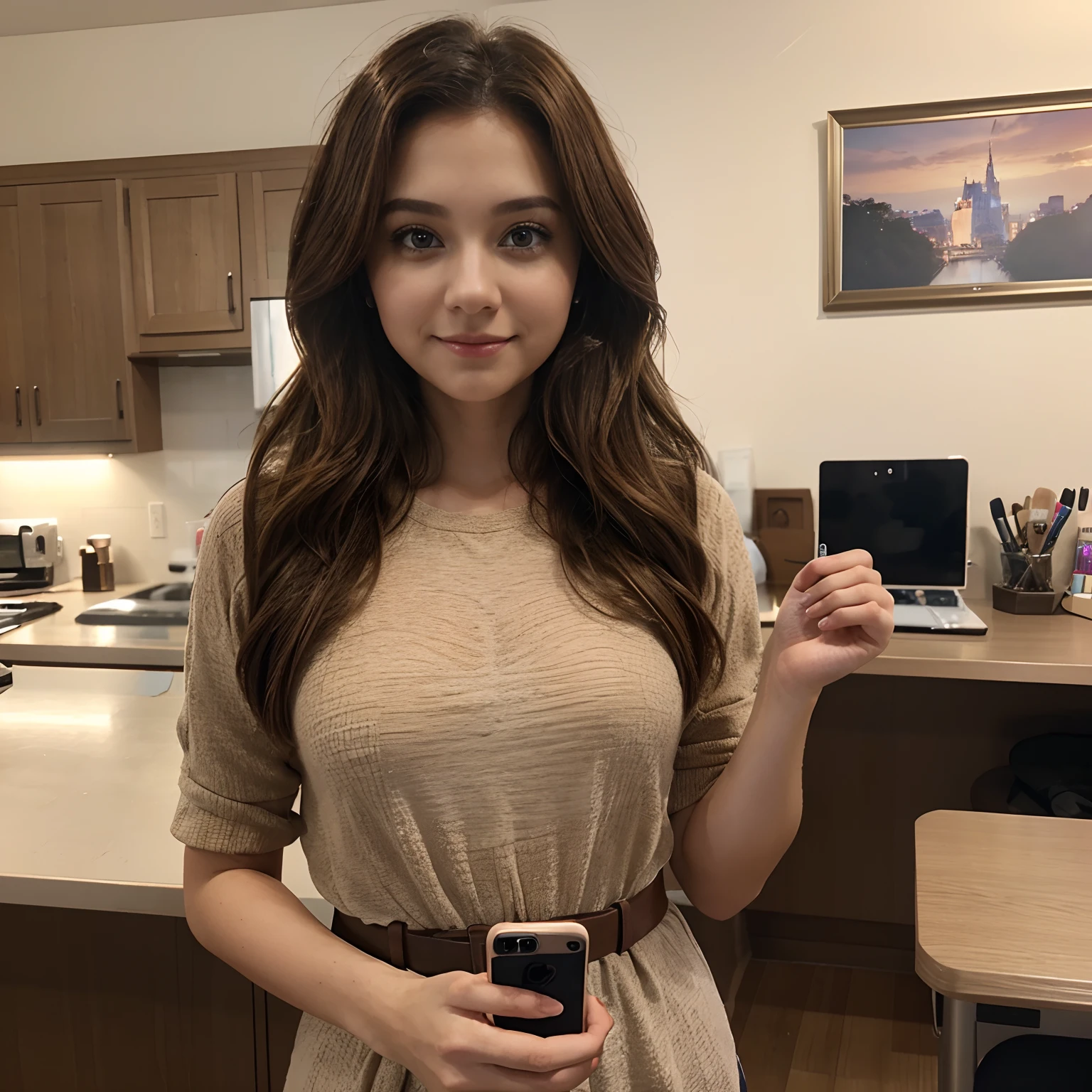 Disney-inspired 3D post 25-year-old woman medium hair light brown color at her workplace with iPhone 8 Plus mobile phone in hand light brown eyes
