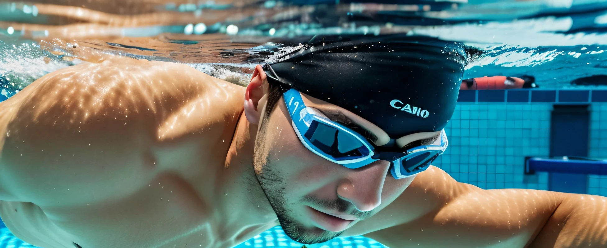 There is a European and American man wearing black goggles swimming in a swimming pool, under water swimming, side profile in underwater, people swimming, swimming underwater, Under water! up to shoulders, swimming to surface, floating headsets, wearing swimming briefs, Wear a swimming cap,looking towards camera, butterfly stroke, underwater shot, Portrait shooting, in a swimming pool,Live-action style,Shot with Canon camera,真实感