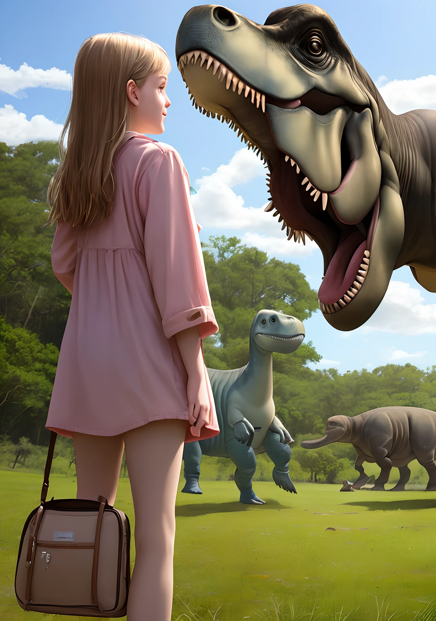 A girl in the dinosaur park in the future