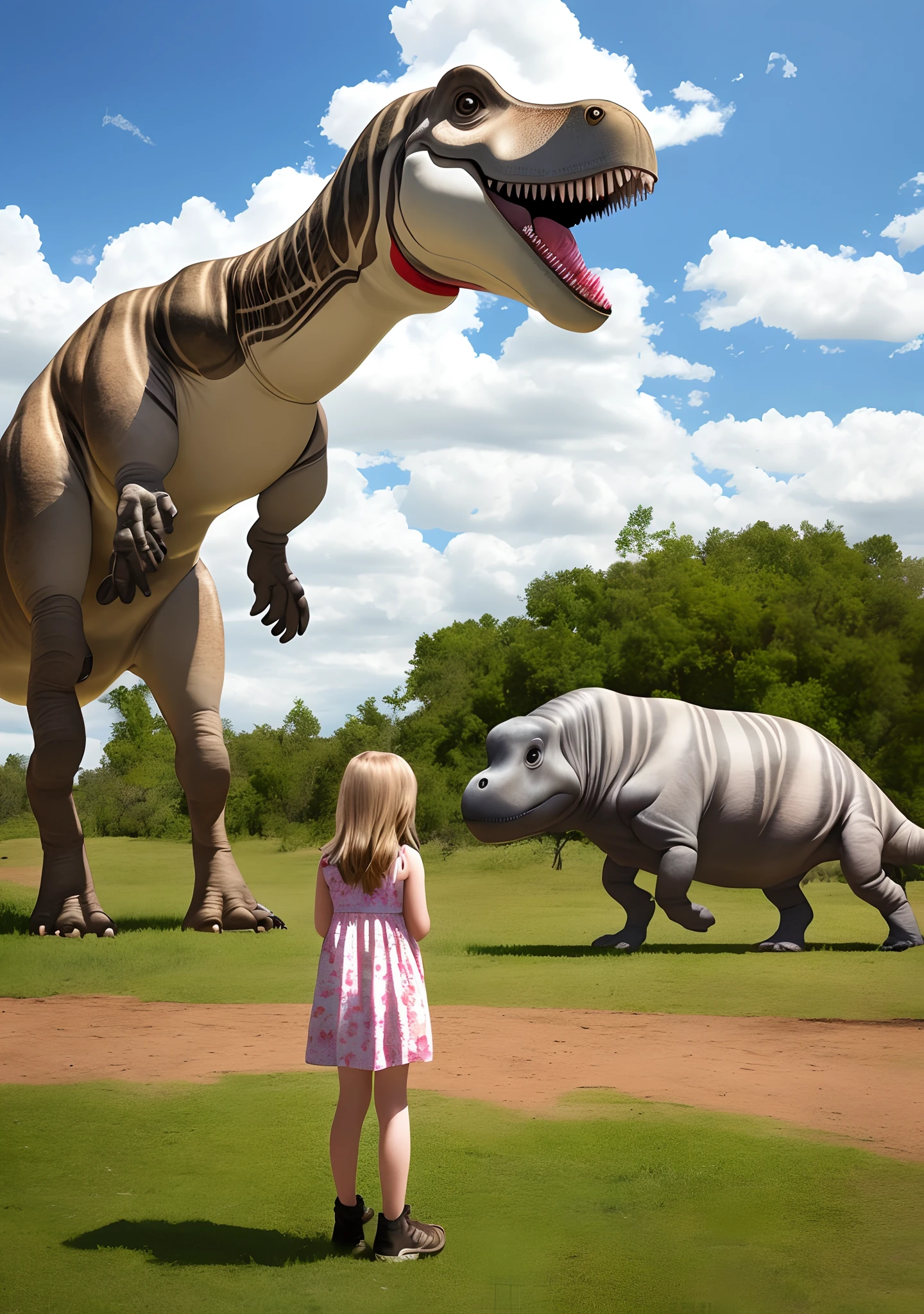 A girl in the dinosaur park in the future