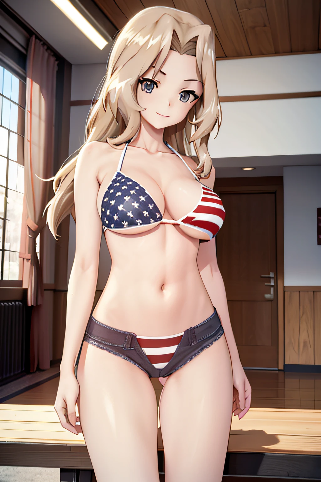 masterpiece, top-quality, 1girl in, 独奏, tgirls&tanks, koukou, American flag bikini,(The lower half of the body is a bikini with an American flag pattern), inside in room