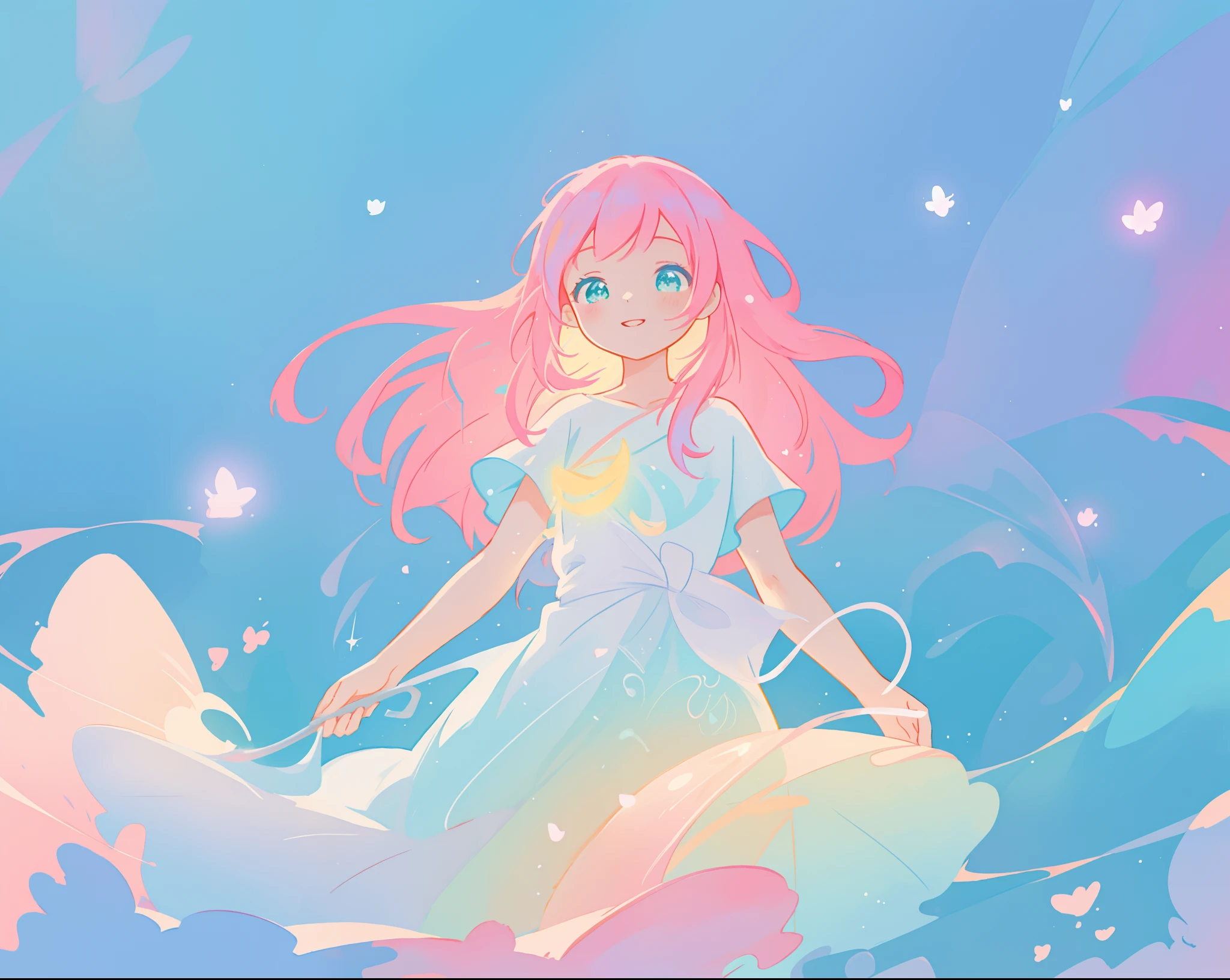 beautiful girl in flowing white dress, vibrant pastel colors, (colorful), magical lights, long flowing colorful pink hair, otherworldly aqua and blue landscape background, inspired by Glen Keane, inspired by Lois van Baarle, disney art style, by Lois van Baarle, glowing aura around her, by Glen Keane, jen bartel, glowing lights! digital painting, flowing glowing hair, glowing flowing hair, beautiful digital illustration, fantasia background, whimsical, magical, fantasy, beautiful face, ((masterpiece, best quality)), intricate details, highly detailed, sharp focus, 8k resolution, sparkling detailed eyes, liquid watercolor