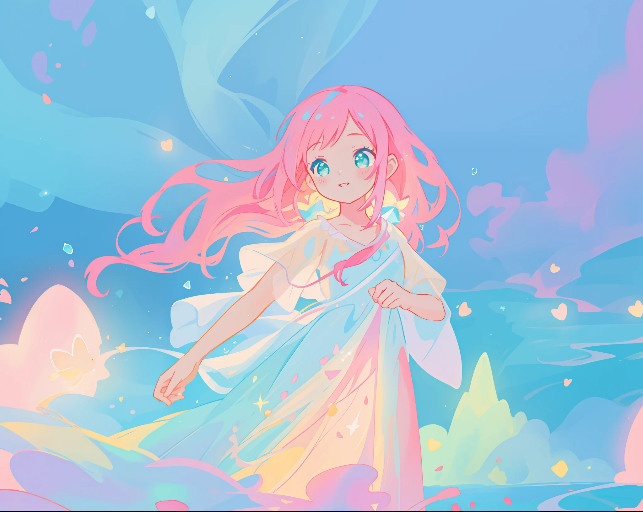 beautiful girl in flowing white dress, vibrant pastel colors, (colorful), magical lights, long flowing colorful pink hair, otherworldly aqua and blue landscape background, inspired by Glen Keane, inspired by Lois van Baarle, disney art style, by Lois van Baarle, glowing aura around her, by Glen Keane, jen bartel, glowing lights! digital painting, flowing glowing hair, glowing flowing hair, beautiful digital illustration, fantasia background, whimsical, magical, fantasy, beautiful face, ((masterpiece, best quality)), intricate details, highly detailed, sharp focus, 8k resolution, sparkling detailed eyes, liquid watercolor