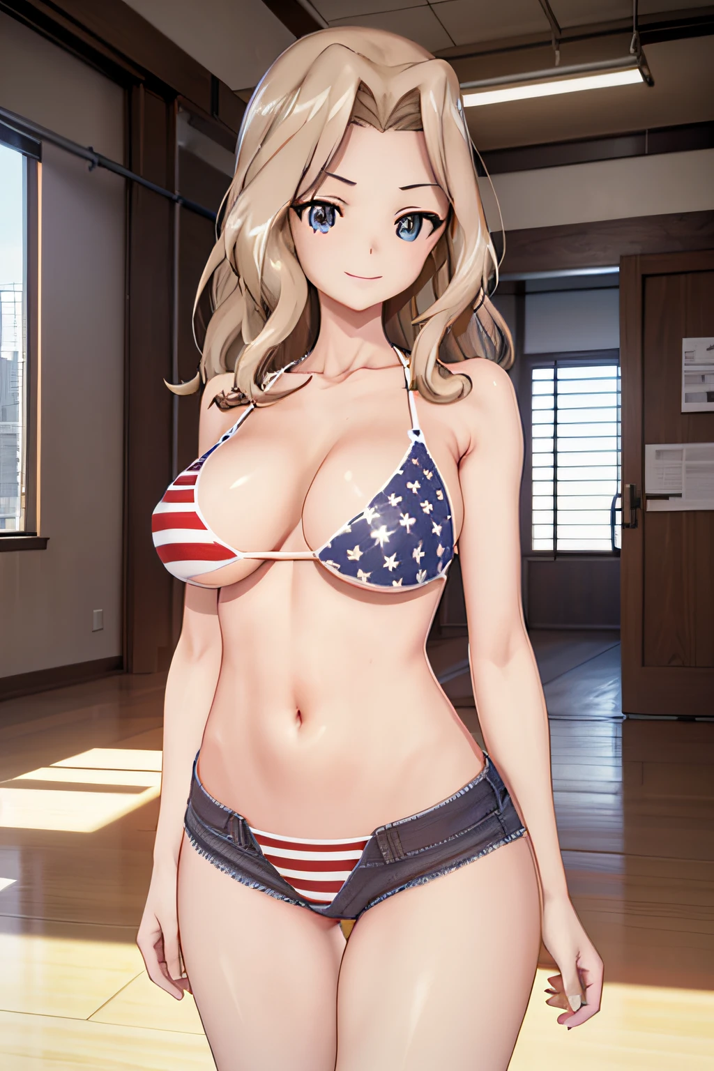 ​masterpiece, top-quality, 1girl in, 独奏, tgirls&tanks, koukou, American flag bikini,(The lower half of the body is a bikini with an American flag pattern), inside in room