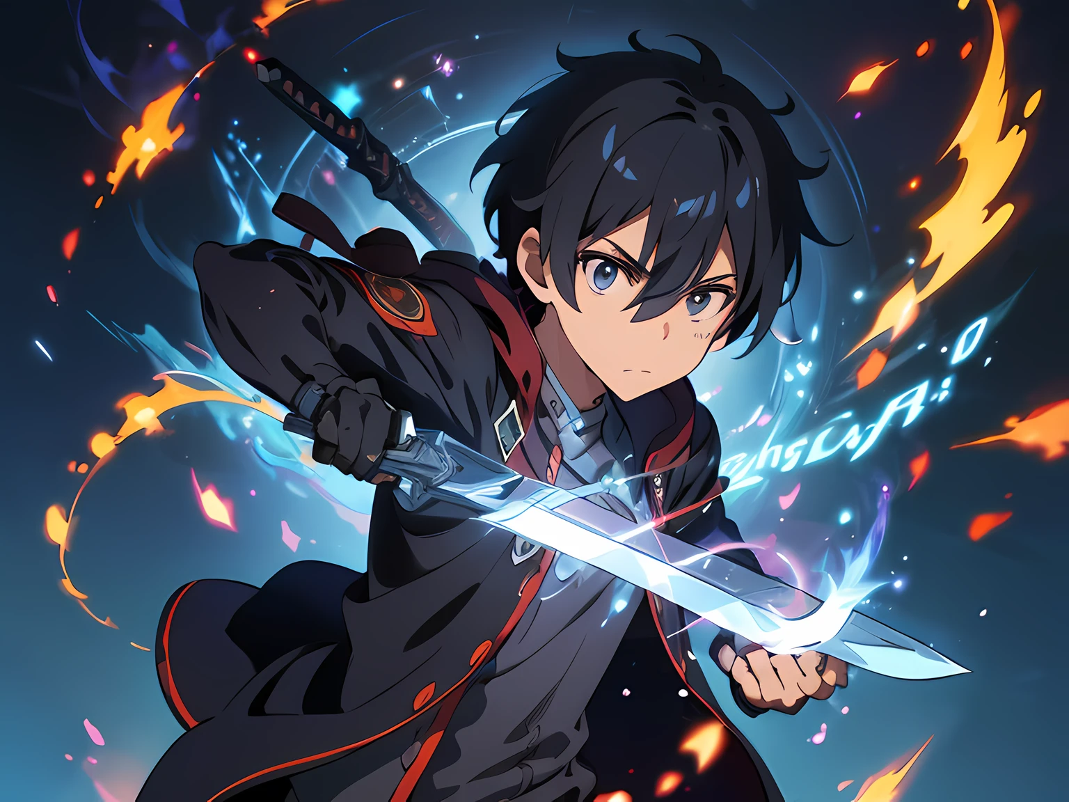 masterpiece, In a world where magic and technology exist side by side, a young man (black hair, short hair) sets out on a journey to hone their skills and uncover the secrets of their powers, beautiful eyes finely detailed. The mage must learn to harness the full potential of their abilities and unlock the true potential of magic in the modern age. full body illustration, evil facial expression, holding a sword, he hold sword with flames coming out from his sword.