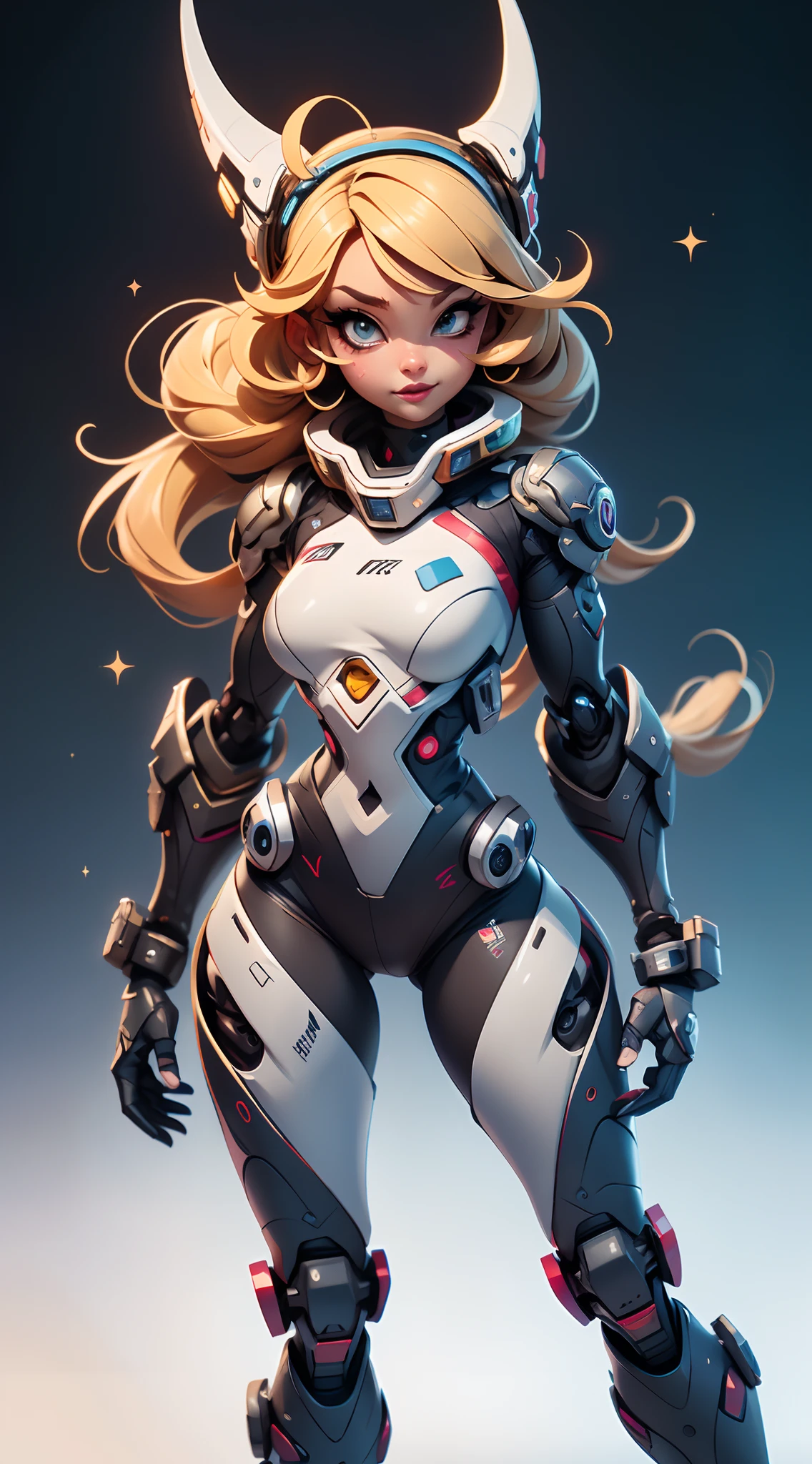 A fantz monster design, Cute robots in space [style-rustmagic]，female robot，Half-human, tmasterpiece， （tmasterpiece， top-quality， best qualityer）， 1girll， 独奏， tightsuit， nedium breasts， long whitr hair， white backgrounid， ssmile， simplebackground， mediuml breasts， shelmet， looking at viewert， skin tight， sitted， cparted lips， blue skinsuit， the motorcycle， Black gloves， mitts