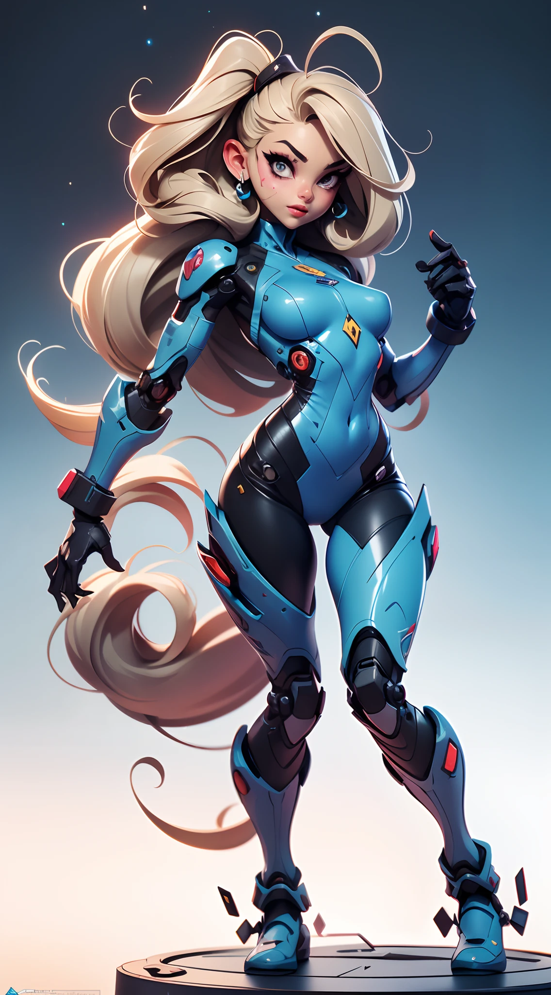 A fantz monster design, Cute robots in space [style-rustmagic]，female robot，Half-human, tmasterpiece， （tmasterpiece， top-quality， best qualityer）， 1girll， 独奏， tightsuit， nedium breasts， long whitr hair， white backgrounid， ssmile， simplebackground， mediuml breasts， shelmet， looking at viewert， skin tight， sitted， cparted lips， blue skinsuit， the motorcycle， Black gloves， mitts