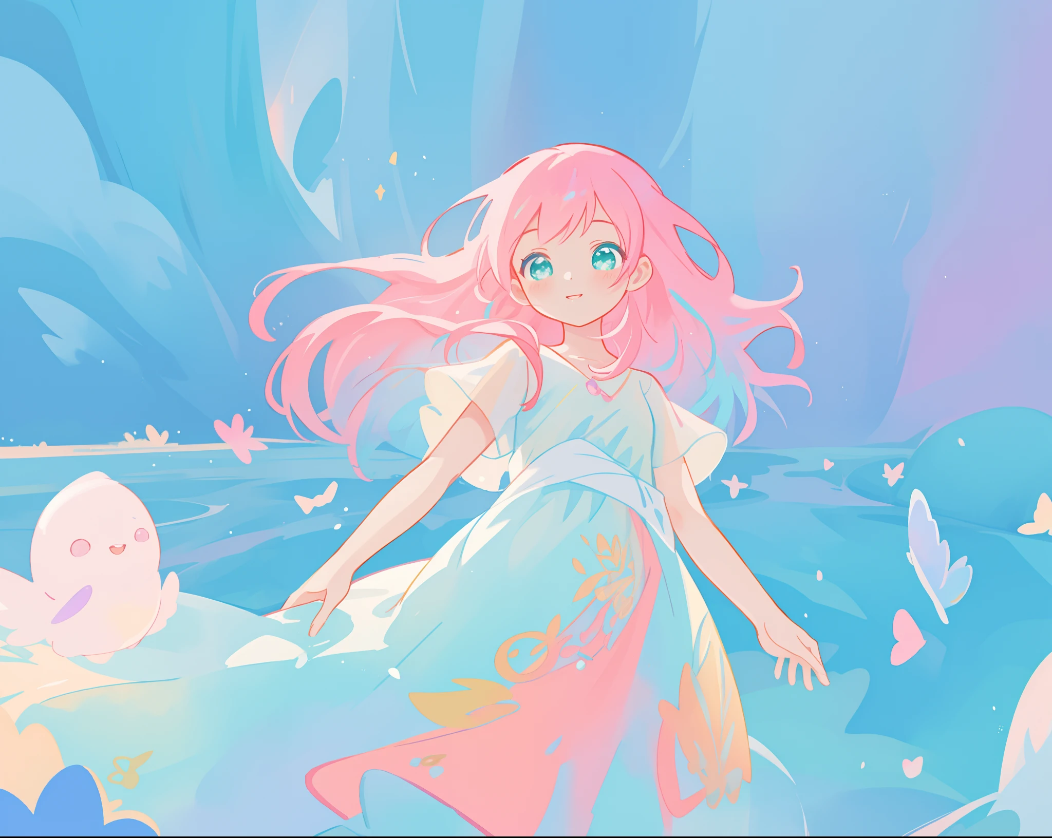 beautiful girl in flowing white dress, vibrant pastel colors, (colorful), magical lights, long flowing colorful pink hair, otherworldly aqua and blue landscape background, inspired by Glen Keane, inspired by Lois van Baarle, disney art style, by Lois van Baarle, glowing aura around her, by Glen Keane, jen bartel, glowing lights! digital painting, flowing glowing hair, glowing flowing hair, beautiful digital illustration, fantasia background, whimsical, magical, fantasy, beautiful face, ((masterpiece, best quality)), intricate details, highly detailed, sharp focus, 8k resolution, sparkling detailed eyes, liquid watercolor