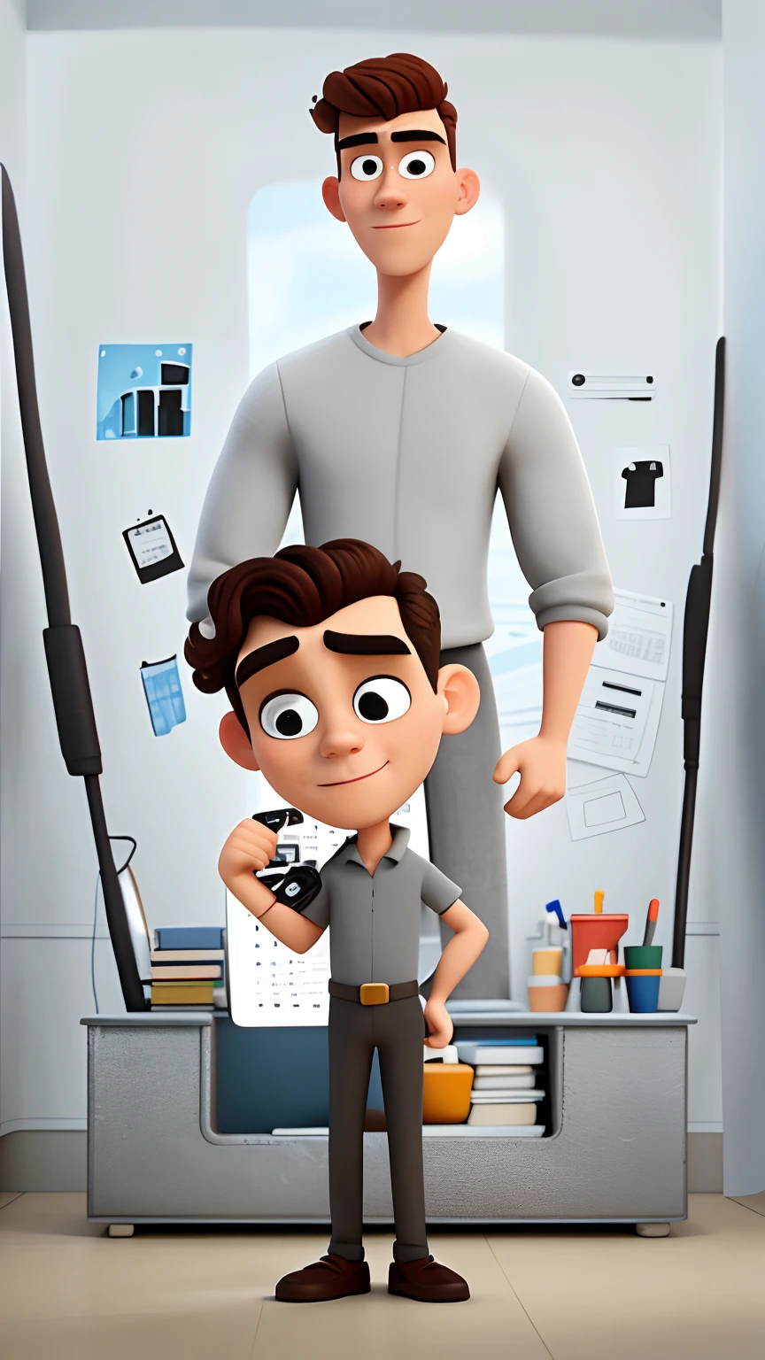 Create a computer-animated movie poster in the style of "Pixar," featuring the character Brutus from the Popeye film. He should be a tall, white man with a well-groomed black beard and hair, reminiscent of a human Brutus, embracing a curly-haired girl, and they have a little white dog.