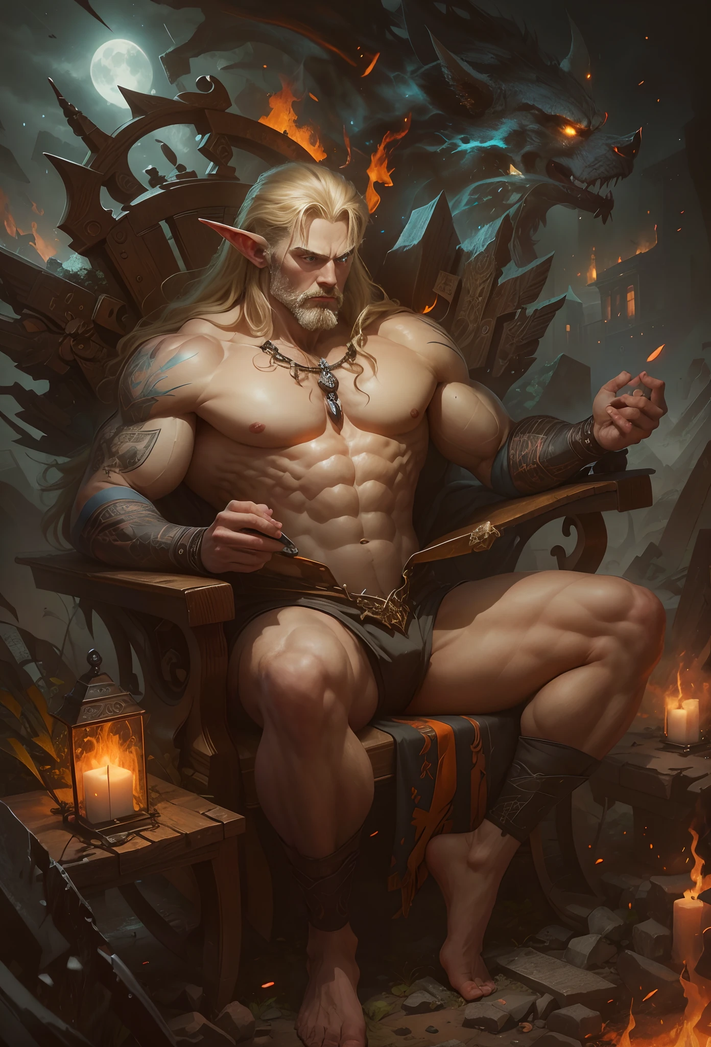 40 year handsome old elf, pale skin, blonde hair, abino skin, long straight hair, wearing elfin , sitting , mustache, piercing blue eyes, brown hair, pronounced brow ridge, strong jaw, high cheekbones, (complete body:1.5), sitting on a bed spreading his legs, very beefy muscles, bulging biceps, bulging triceps, bulging pectorals, bulging quads, bulging trapezoids, wide shoulders, bulging calves, bulging forearms, hairy, (giant:1.5), tall, solo person. Art deco masterpiece, alpha male, at night, skull, nightmare, fire, intricately detailed, sharp focus, extremely detailed, dark fantasy, glowing, colorful painting, rich color, HDR, octane render, digital illustration, cinematic light, sitting on the throne, Explore the beauty of a moonlit cemetery, with weathered tombstones, crypts, and the feeling that the spirits of the departed may not be at rest