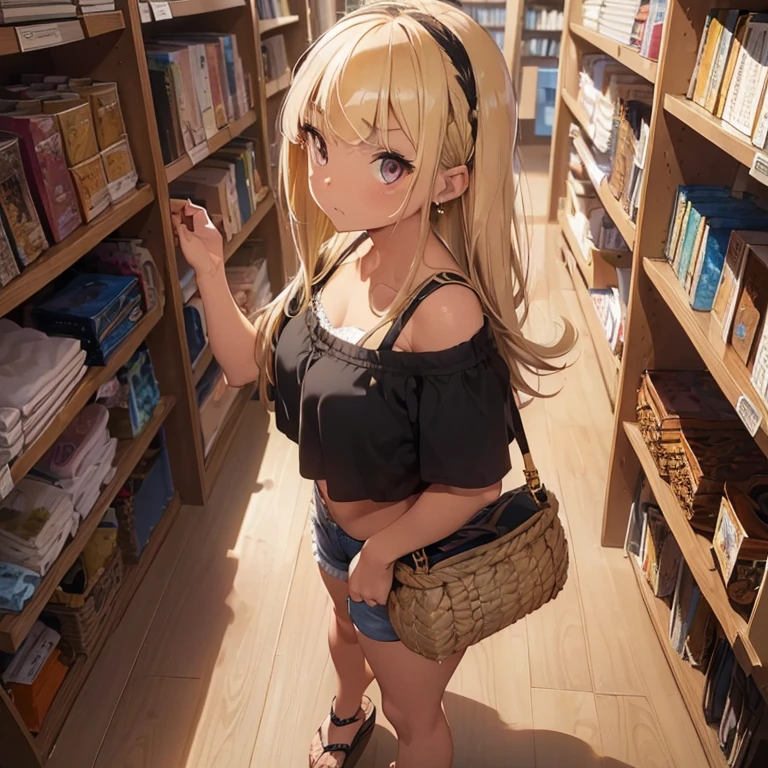 top quality, (Masterpiece: 1.3), (Maximum resolution: 1.2), (Ultra HDTV: 1.2), Cinema light, Ultra HDTV, (Detailed eyes and skin), (Detailed facial features), HDR, 8k resolution, Sharp Focus: 1.2, Perfect style, beautiful face, accurate, anatomically correct, highly detailed face and skin texture, detailed eyes, brown eyes, double eyelids, (eyelash:1.4), thick eyebrows, glitter eyeliner: 1.2, natural cheeks, glossy skin, (tanned skin:1.6), shiny gold little necklace and earrings, ( large sunglasses on her head:1.4), (glossy lips: 1.4),
BREAK
first-person-view, (Wearing a navel baring crop top, shiny black fabric , lame , intricately patterned), (slim fit denim shorts , side string panty, panty string is peeking out), (leopard print accessory), (bare legs), (block heel sandals, open toe:1.4), (large basket shoulder bag:1.5),
(serious expression:1.6), (staring at the bookshelf:1.2), Innocent and Cute girl, (beautiful blonde hair, (straight bangs:1.6) , wavy permed hair tied in a high pony : 1.6),
BREAK
(Full body shot: 1.5), (focus on chest, side view:1.4), ((Very intimate relationships: 1.2)), (medium large breasts:1.2), (((at quiet library, bookshelf aisle: 1.2)),(gentle warm light:1.5 ), ((standing, reaching her hand for the bookshelf:1.4)), ((looking up to bookshelf:1.4))(looking at viewer, from the side:1.2)
