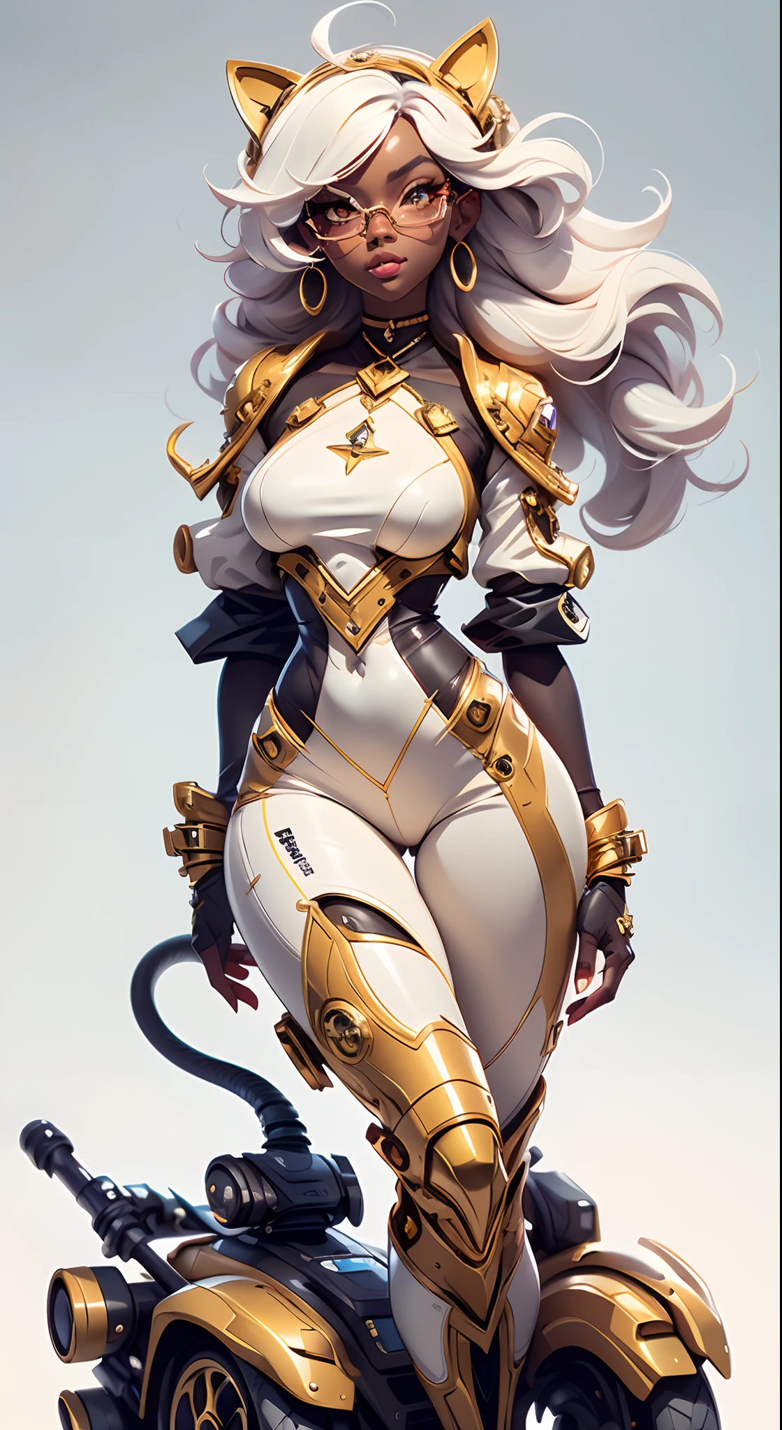 A fantz monster design, Cute robots in space [style-rustmagic]，female robot，Half-human, tmasterpiece，（tmasterpiece，top-quality，best qualityer），1girll， jewely， long whitr hair， Golden hair，Black color hair，Silvery-white hair，Maroon hair， 独奏， 耳Nipple Ring， ssmile， motorvehicle， choker necklace， sun glasses， looking at viewert， bangle， The Car， A plant， high-waist pants， groundvehicle， Sat down， exteriors， daysies， nedium breasts，Open navel， The shirt， dark skinned female， Colored glasses， longer sleeves， buliding， Dark  skin，， parted lip， hoop earings， circle glasses， Estampados florales， choker necklace，grinning smile，a black choker，collars，Laser cloth，Sexy bikini，holy rays，gold foil，Gold leaf art，glitter drawing，Correct anatomy，Detailed face, Detailed eyes，Blindfolds，Cat hat，