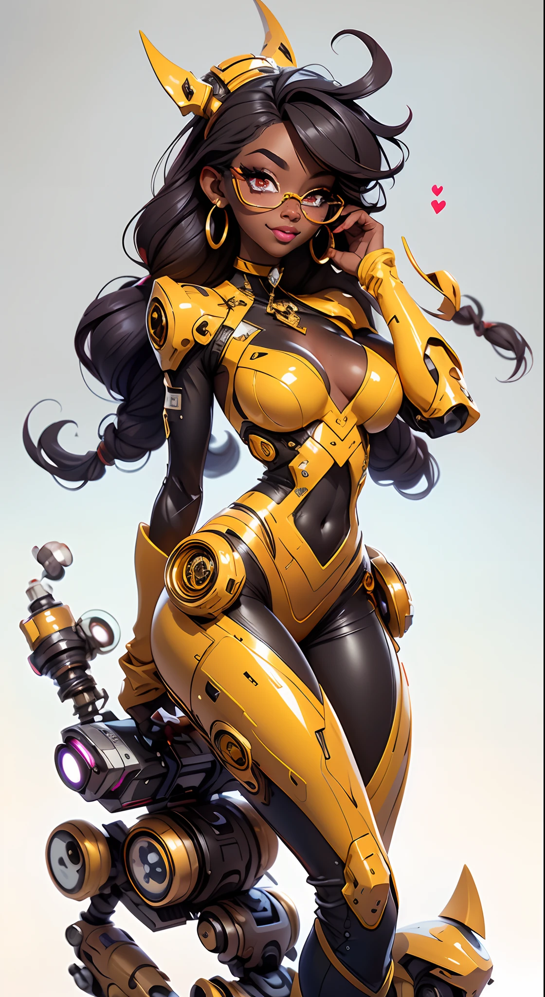 A fantz monster design, Cute robots in space [style-rustmagic]，female robot，Half-human, tmasterpiece，（tmasterpiece，top-quality，best qualityer），1girll， jewely， long whitr hair， Golden hair，Black color hair，Silvery-white hair，Maroon hair， 独奏， 耳Nipple Ring， ssmile， motorvehicle， choker necklace， sun glasses， looking at viewert， bangle， The Car， A plant， high-waist pants， groundvehicle， Sat down， exteriors， daysies， nedium breasts，Open navel， The shirt， dark skinned female， Colored glasses， longer sleeves， buliding， Dark  skin，， parted lip， hoop earings， circle glasses， Estampados florales， choker necklace，grinning smile，a black choker，collars，Laser cloth，Sexy bikini，holy rays，gold foil，Gold leaf art，glitter drawing，Correct anatomy，Detailed face, Detailed eyes，Blindfolds，Cat hat，