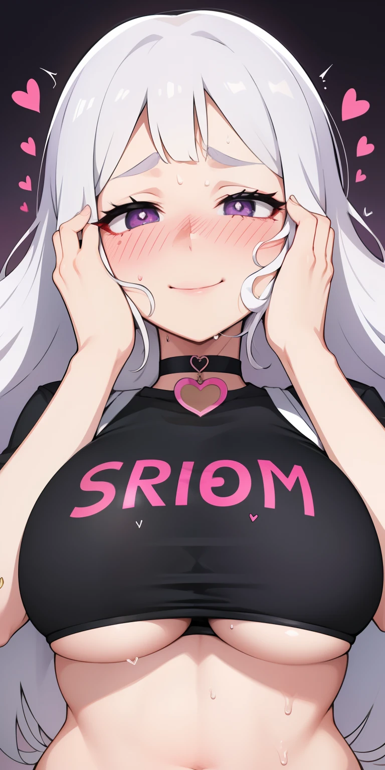 1girl,heart-shaped pupils,fingernails,hands on own face,white hair,purple eyes,(blush:1.1),choker,upper body,trembling,sweat,sweatdrop,heart,(speed lines:1.1),medium breasts, ((heavy breathing:1.3)), love, heart, crop top, happy, smile