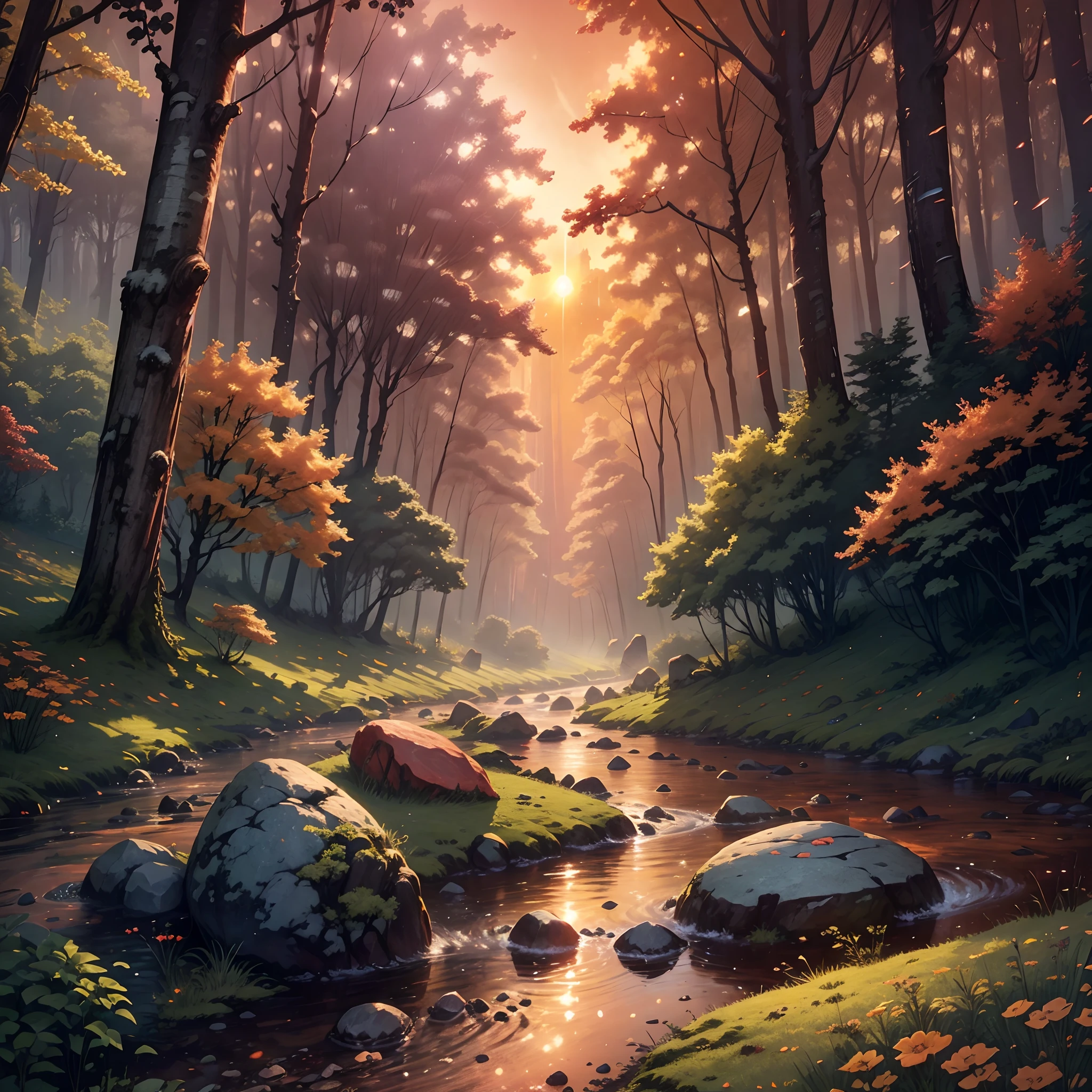 1.Fantasy Forest 2. Stream Center Point 3. Orange-red sky and nightfall