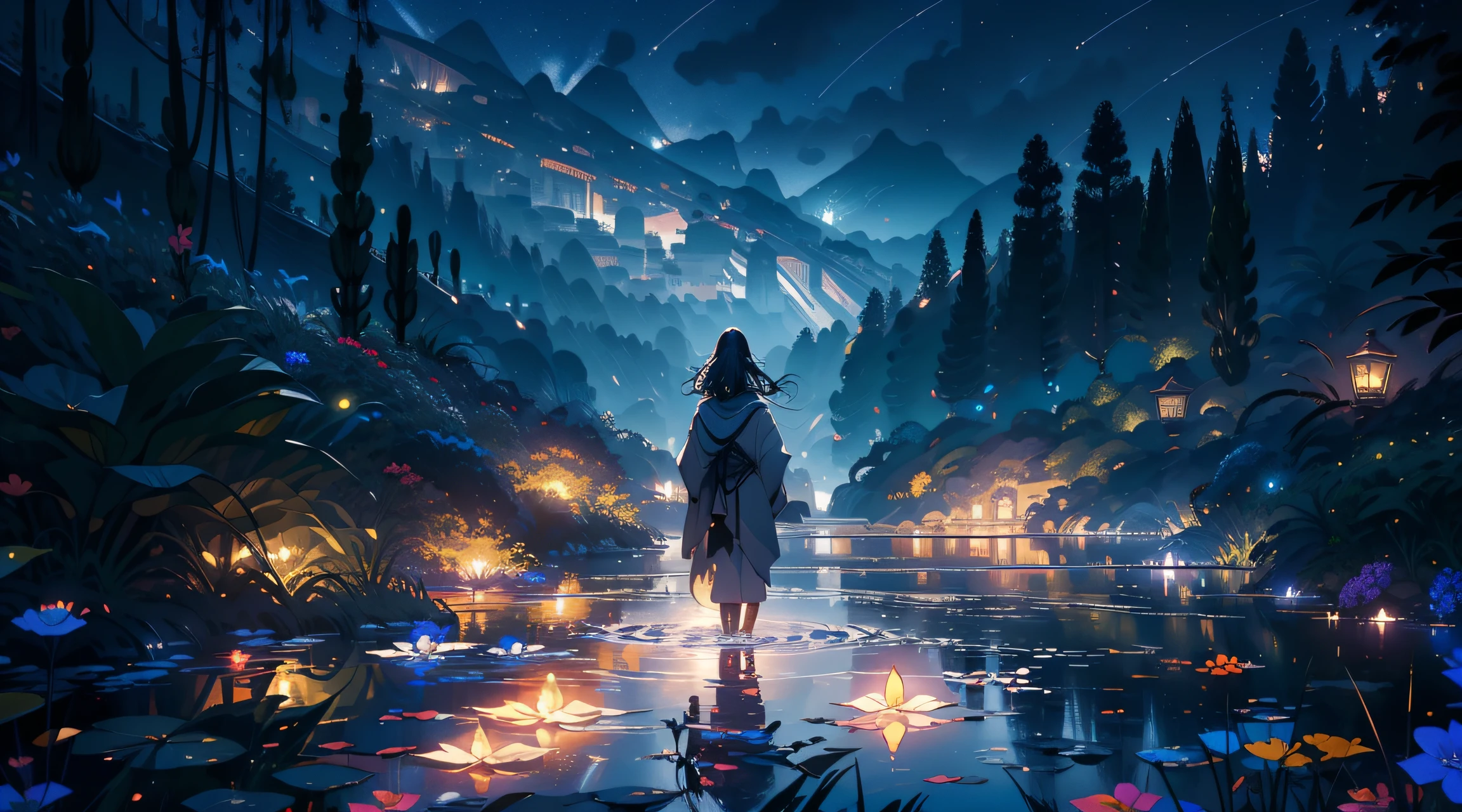 master part, gorgeous, Landscape, (((DDIM_HumaDDIMs))), Noite, flor, Jardim, Starry sky, constellations, atordoante, vista, water, quente, aconchegante, peaceful, Meteoro, cosmico, Magic, magia, particuls, Justo, ((Pirilampos))