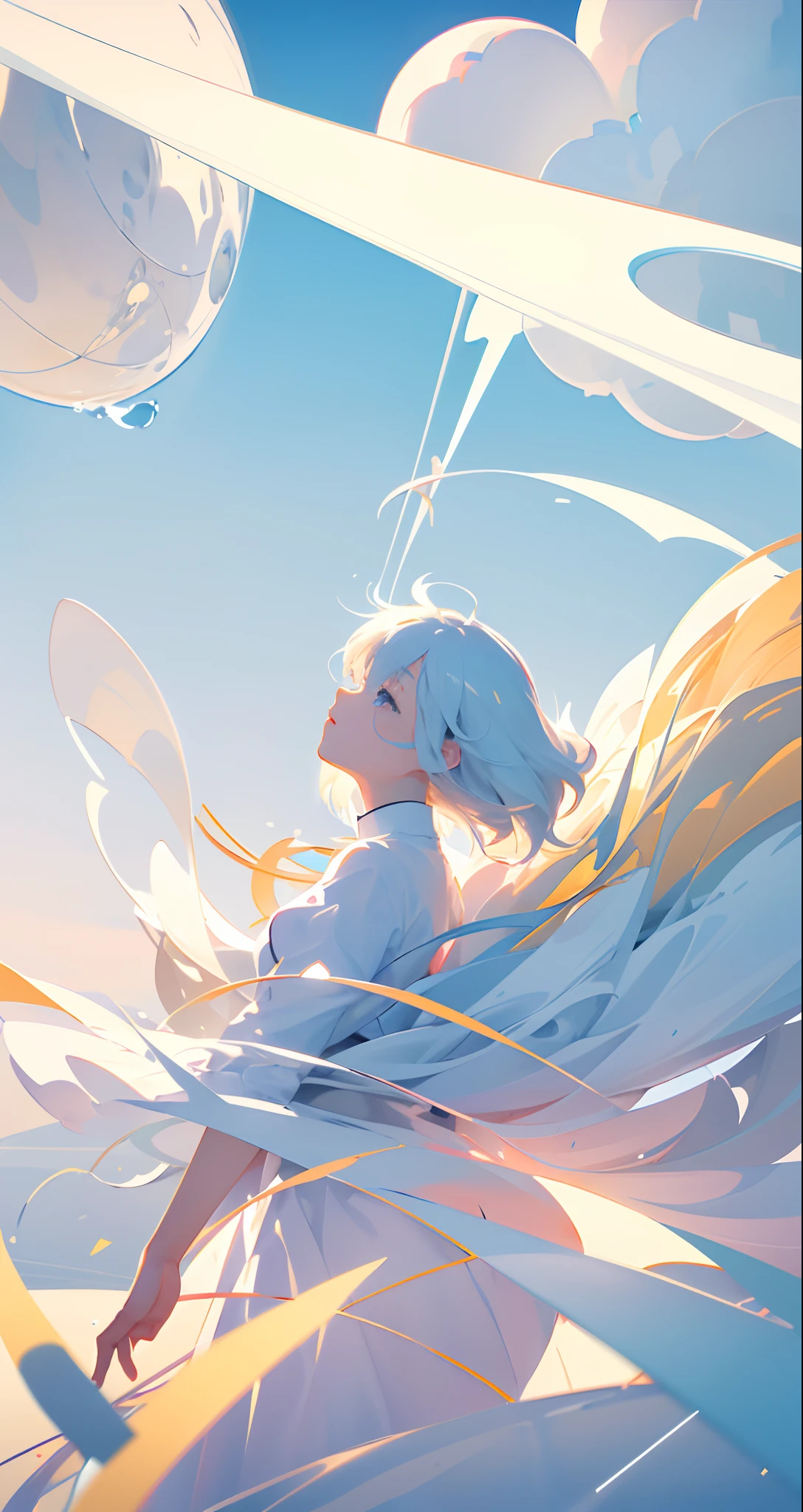 masterpiece, best quality, movie still, 1girl, floating in the sky, cloud girl, cloud, (close-up:1.1), bright, happy, fun, soft lighting, (Bauhaus, shapes, lines, abstract:1.1)