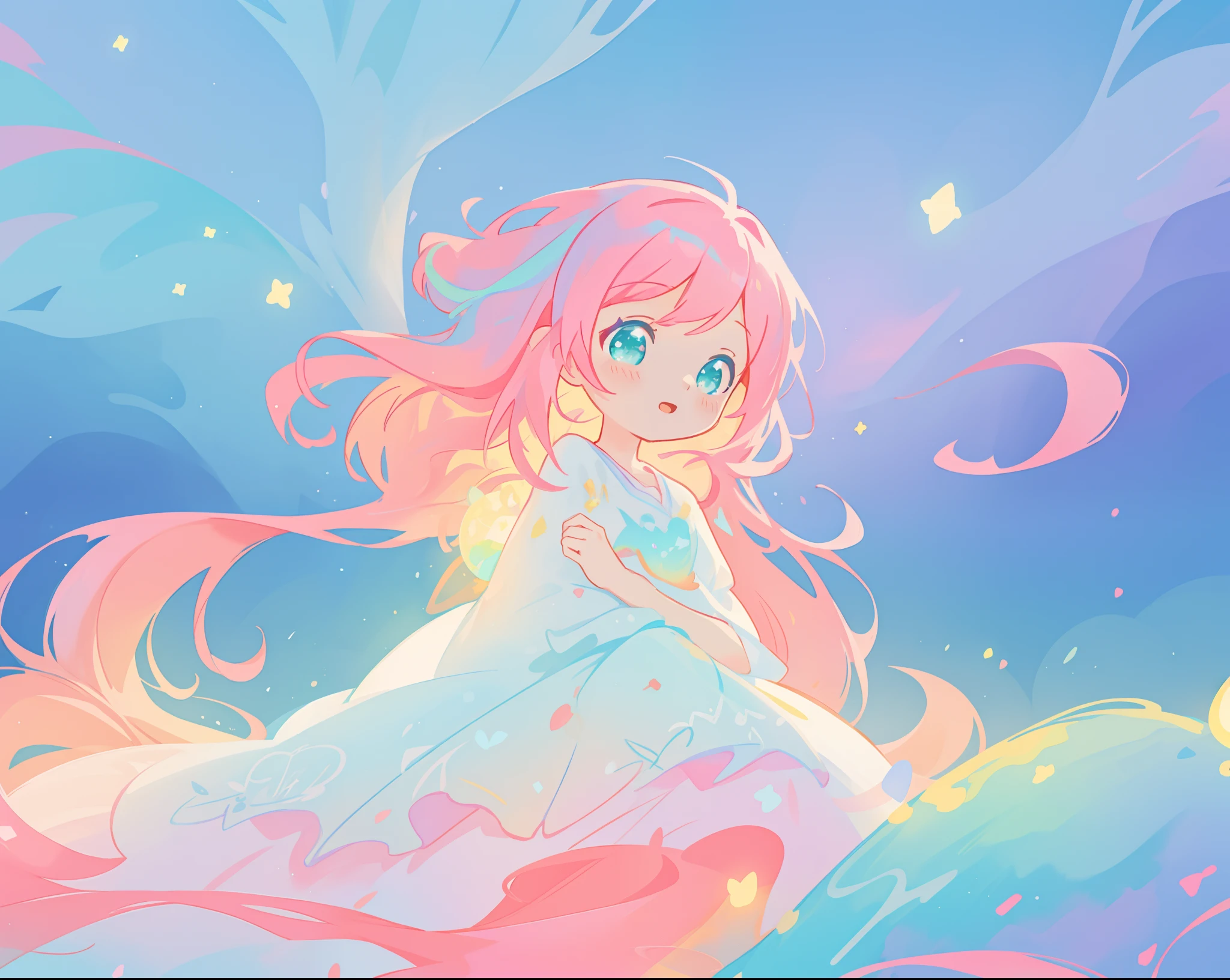 beautiful girl in flowing white dress, vibrant pastel colors, (colorful), magical lights, long flowing colorful pink hair, otherworldly aqua and blue landscape background, inspired by Glen Keane, inspired by Lois van Baarle, disney art style, by Lois van Baarle, glowing aura around her, by Glen Keane, jen bartel, glowing lights! digital painting, flowing glowing hair, glowing flowing hair, beautiful digital illustration, fantasia background, whimsical, magical, fantasy, beautiful face, ((masterpiece, best quality)), intricate details, highly detailed, sharp focus, 8k resolution, sparkling detailed eyes, liquid watercolor