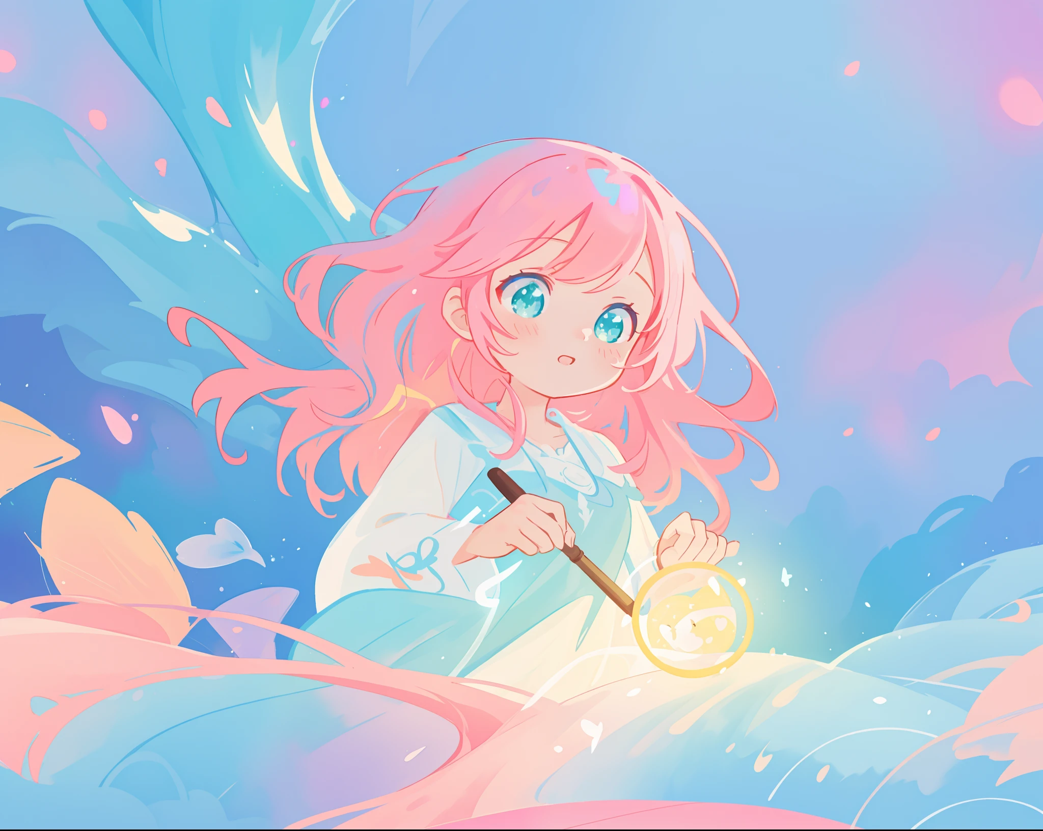 beautiful girl in flowing white dress, vibrant pastel colors, (colorful), magical lights, long flowing colorful pink hair, otherworldly aqua and blue landscape background, inspired by Glen Keane, inspired by Lois van Baarle, disney art style, by Lois van Baarle, glowing aura around her, by Glen Keane, jen bartel, glowing lights! digital painting, flowing glowing hair, glowing flowing hair, beautiful digital illustration, fantasia background, whimsical, magical, fantasy, beautiful face, ((masterpiece, best quality)), intricate details, highly detailed, sharp focus, 8k resolution, sparkling detailed eyes, liquid watercolor