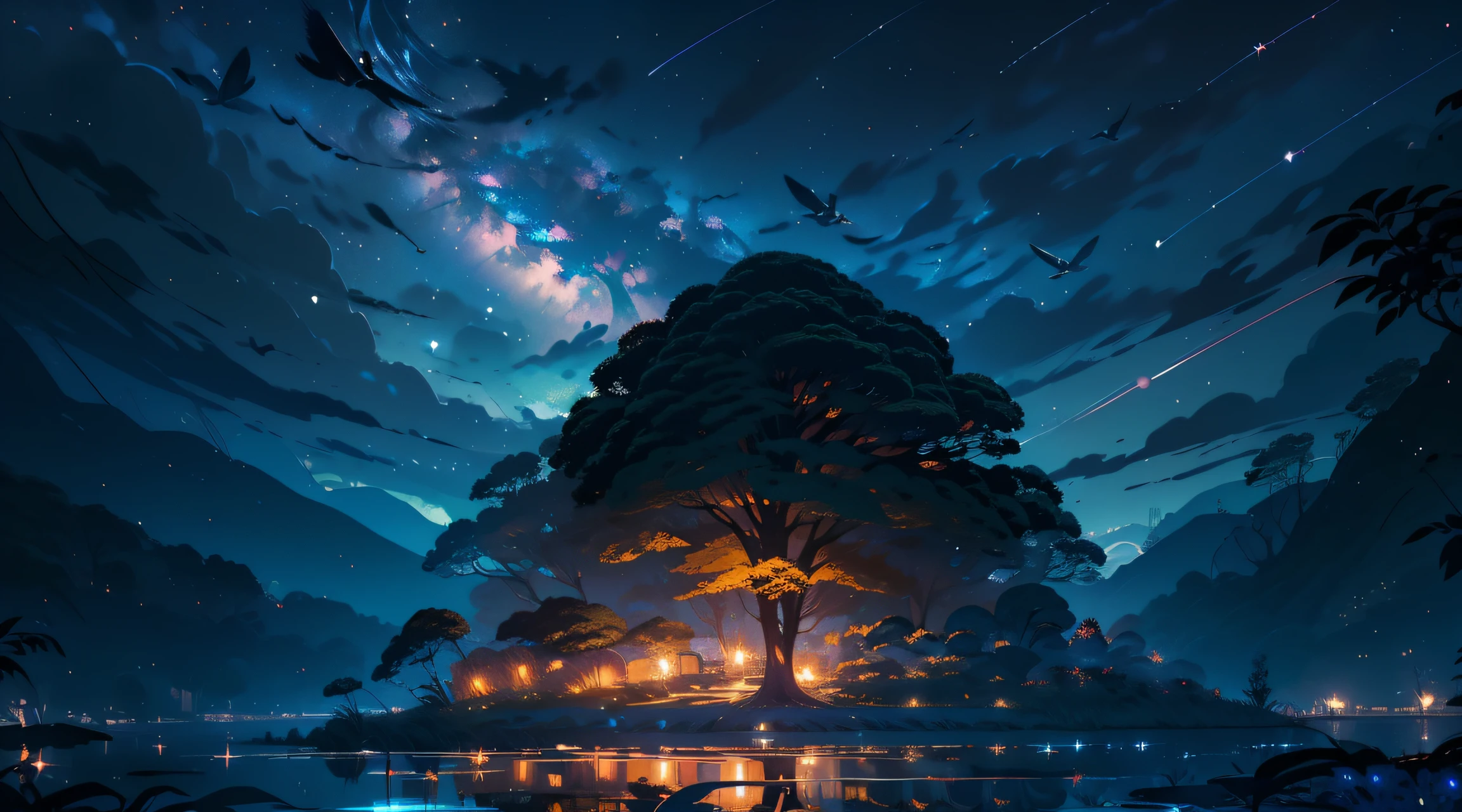 master part, gorgeous, Landscape, (((DDIM_HumaDDIMs))), Noite, flor, Jardim, Starry sky, constellations, atordoante, vista, water, quente, aconchegante, peaceful, Meteoro, cosmico, Magic, magia, particuls, Justo, ((Pirilampos))