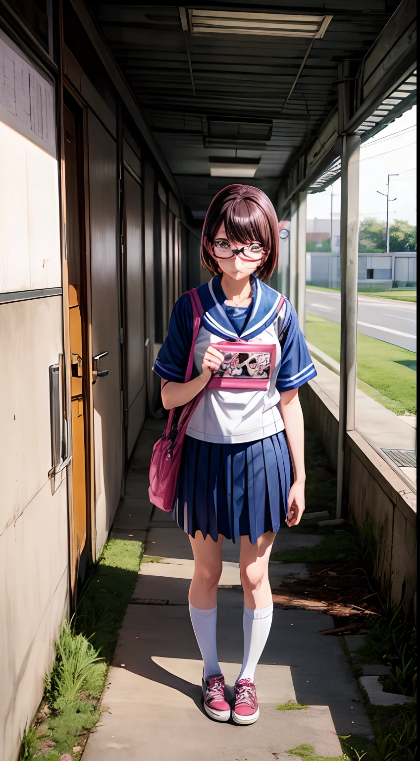 Japanese anime style, geek girl glasses highschool style ashamed peeing in ground of a abandoned school