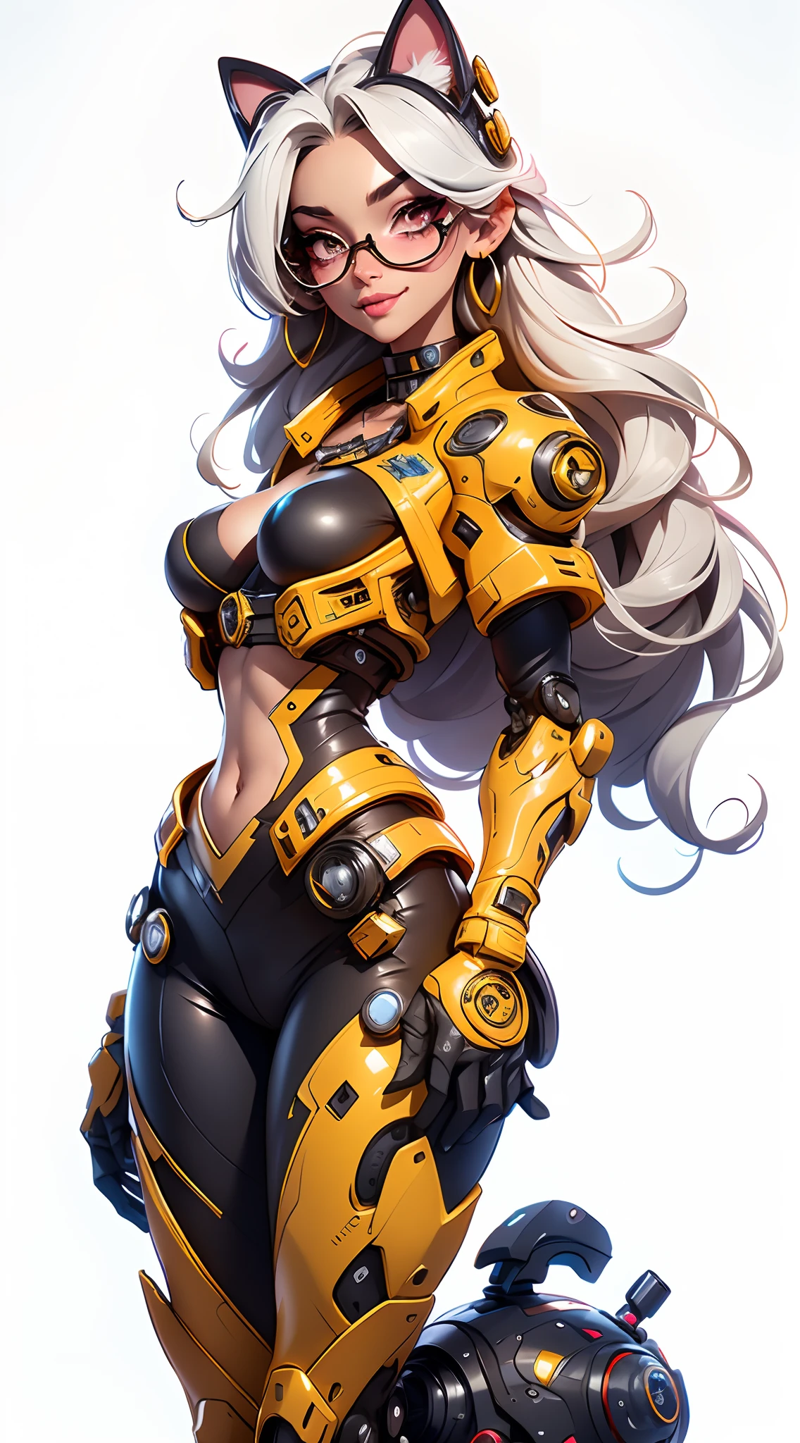 A fantz monster design, Cute robots in space [style-rustmagic]，female robot，Half-human, tmasterpiece，（tmasterpiece，top-quality，best qualityer），1girll， jewely， long whitr hair， Golden hair，Black color hair，Silvery-white hair，Maroon hair， 独奏， 耳Nipple Ring， ssmile， motorvehicle， choker necklace， sun glasses， looking at viewert， bangle， The Car， A plant， high-waist pants， groundvehicle， Sat down， exteriors， daysies， nedium breasts，Open navel， The shirt， dark skinned female， Colored glasses， longer sleeves， buliding， Dark  skin，， parted lip， hoop earings， circle glasses， Estampados florales， choker necklace，grinning smile，a black choker，collars，Laser cloth，Sexy bikini，holy rays，gold foil，Gold leaf art，glitter drawing，Correct anatomy，Detailed face, Detailed eyes，Blindfolds，Cat hat，