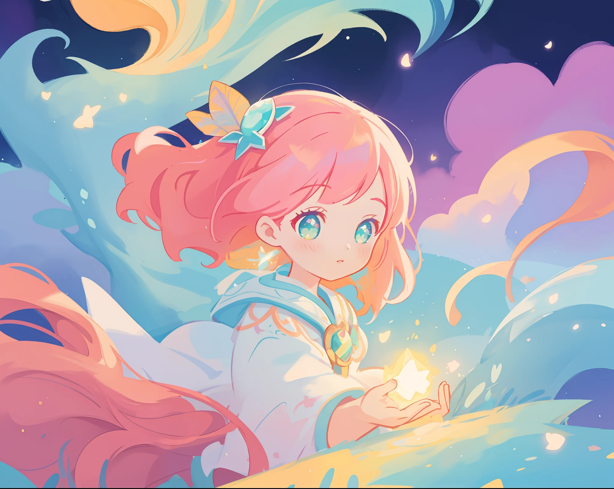 beautiful girl in flowing white dress, vibrant pastel colors, (colorful), magical lights, long flowing colorful pink hair, otherworldly aqua and blue landscape background, inspired by Glen Keane, inspired by Lois van Baarle, disney art style, by Lois van Baarle, glowing aura around her, by Glen Keane, jen bartel, glowing lights! digital painting, flowing glowing hair, glowing flowing hair, beautiful digital illustration, fantasia background, whimsical, magical, fantasy, beautiful face, ((masterpiece, best quality)), intricate details, highly detailed, sharp focus, 8k resolution, sparkling detailed eyes, liquid watercolor