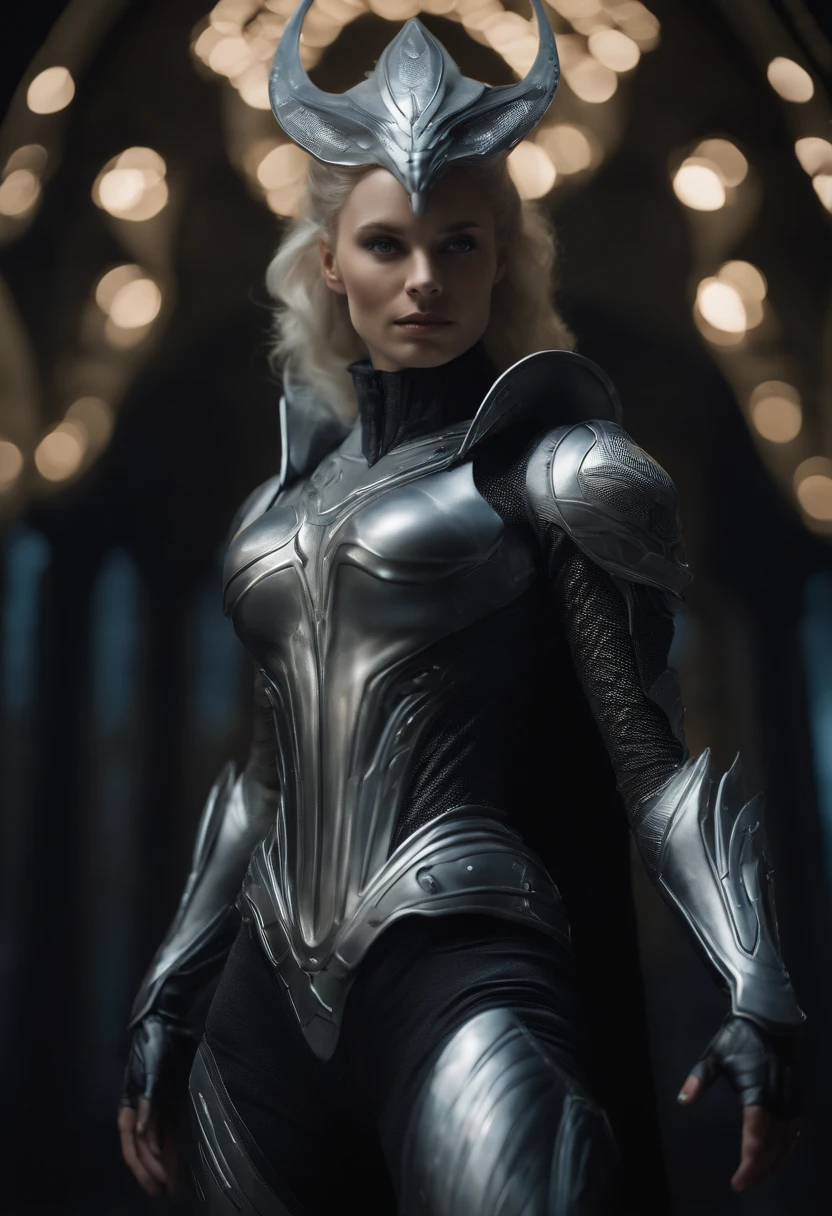 Create a hyper-realistic 3D image of a regal alien queen with human features, capturing a dynamic pose with one arm reaching forward as if in motion to grab. She's a 20-year-old white female, adorned in skin-tight, ash-gray xenomorph-style armor with baroque influences, fitted to her athletic physique. Her hair consists of flowing blonde tendrils, fully covering her scalp, and her face is human with pale grey lips and bright blue eyes. She has an athletic build, a significant tail, and human-like hands and feet with elegant nails. The queen is seen mid-leap in an evasive maneuver through a group of human soldiers in a chamber that combines gothic and biomechanical aesthetics with dark, complex designs. The chamber's lighting casts an ominous glow that reflects off her metallic armor, enhancing the scene's action-packed and suspenseful atmosphere. The image should offer a diagonal side view, focusing on the queen's outstretched arm and the agility of her leap.