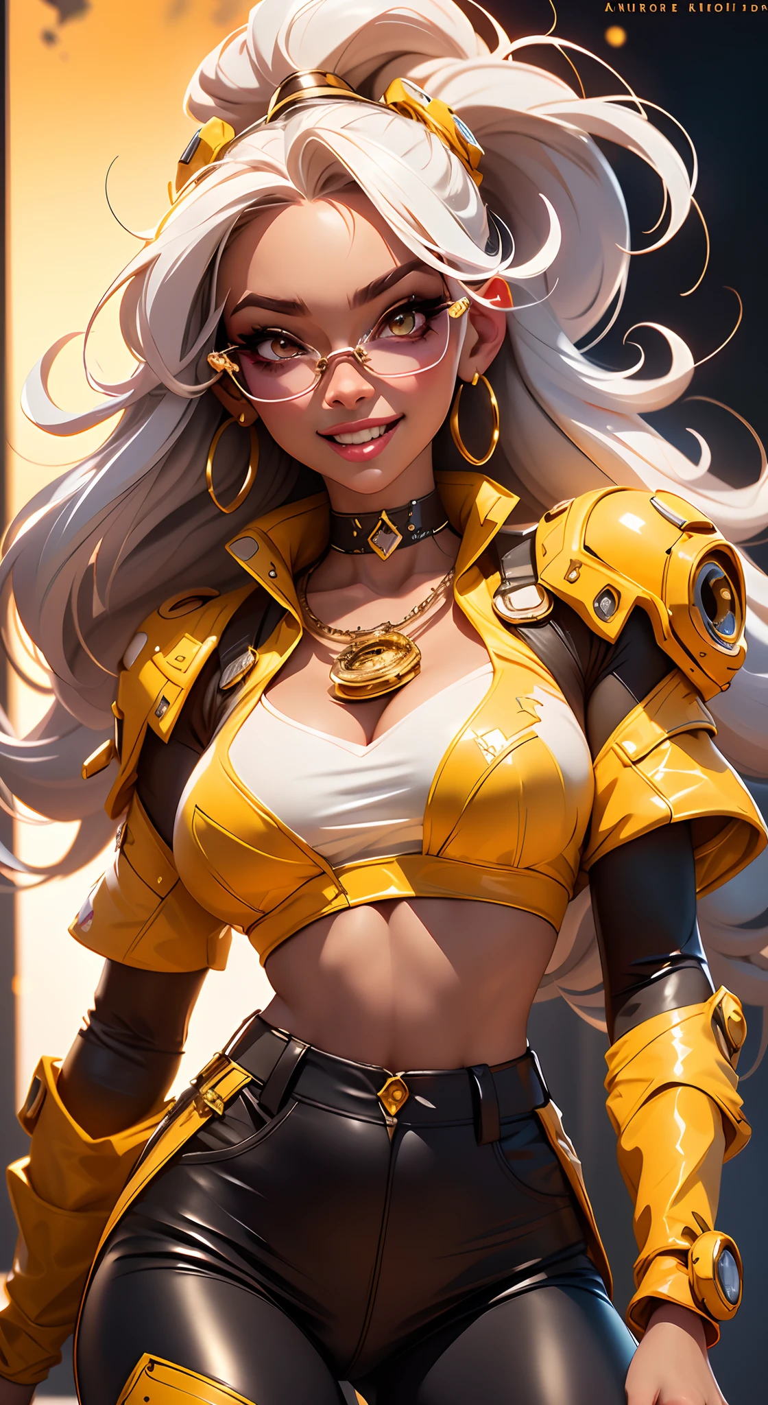 A fantz monster design, Cute robots in space [style-rustmagic]，female robot，Half-human, tmasterpiece，（tmasterpiece，top-quality，best qualityer），1girll， jewely， long whitr hair， Golden hair，Black color hair，Silvery-white hair，Maroon hair， 独奏， 耳Nipple Ring， ssmile， motorvehicle， choker necklace， sun glasses， looking at viewert， bangle， The Car， A plant， high-waist pants， groundvehicle， Sat down， exteriors， daysies， nedium breasts，Open navel，  dark skinned female， Colored glasses， buliding， Dark  skin， hoop earings， circle glasses， Estampados florales， choker necklace，grinning smile，a black choker，collars，Laser cloth，Sexy bikini，holy rays，gold foil，Gold leaf art，glitter drawing，Correct anatomy，Detailed face, Detailed eyes，