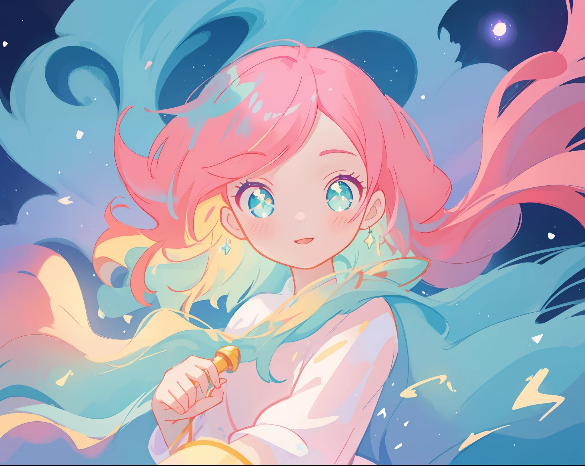 (masterpiece、highest quality、highest quality、Official Art、Beautiful and beautiful:1.2)、(One girl:1.3)Hatsune Miku、Twin tails,Big Breasts,beautiful girl, White ball gown, Vibrant pastel colors, (colorful), long flowing liquid pink hair, Magic lights, sparkling Magic liquid, inspired Glen Keane, inspired By Lois Van Baarle, Disney Art Style, By Lois Van Baarle, An aura that glows around her, Glen Keane, Just a joke, Glowing Light! Digital Painting, Flowing, shiny hair, Shiny, flowing hair, Beautiful digital illustrations, Fantasia Background, Whimsical, Magic, Fantasy, ((masterpiece, highest quality)), Intricate details, Very detailed, Sharp focus, 8k resolution, Sparkling Eyes, Liquid watercolor