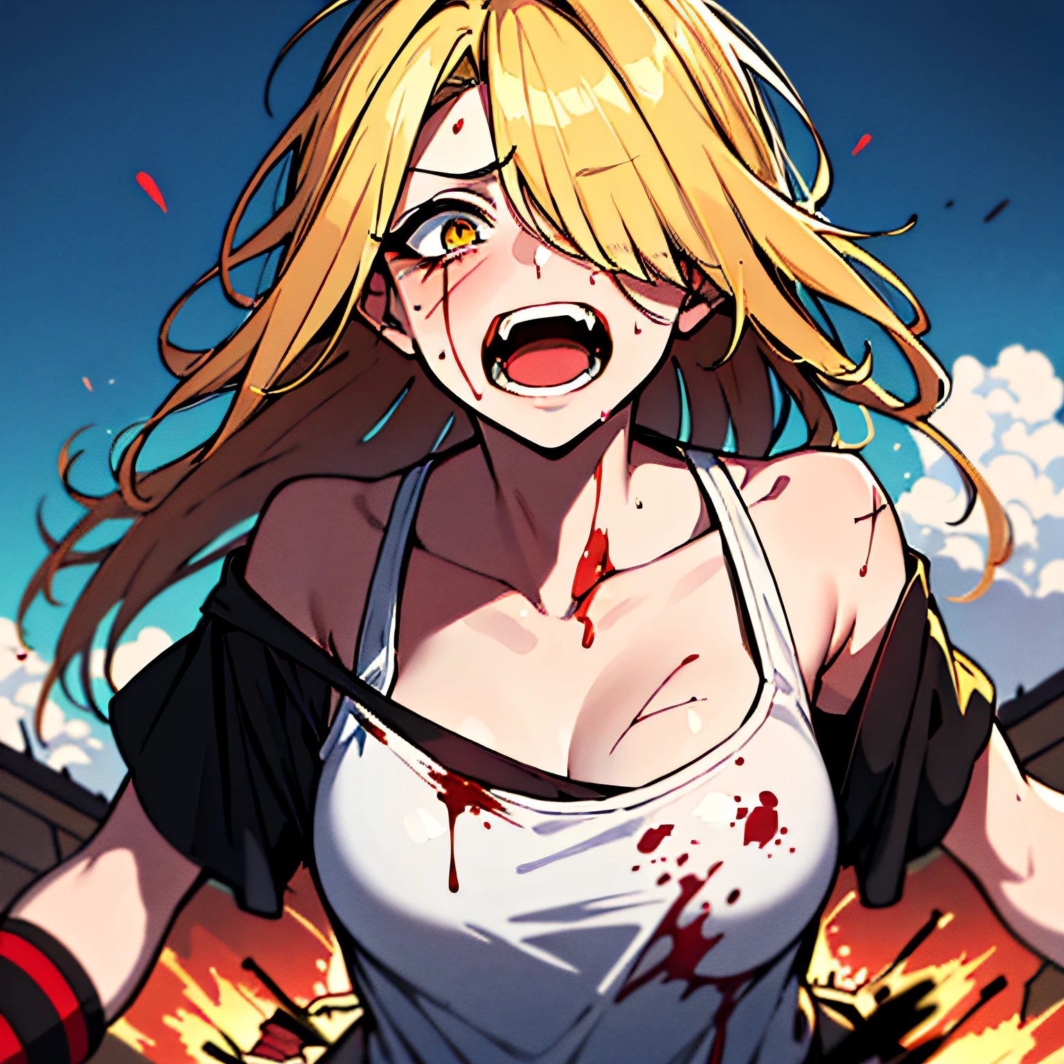 (day:1.7), Forest background,
sitting on the floor,sleeveless,((cropped tank top, panties, thug, blood on hands, blood on hair, dominant mistress)), thighs,
blonde hair,blue eyes,bangs, Long_hair,(hair between eyes:1.3),
1 girl, 20yo,mature female,Beautiful Finger,Beautiful long legs,Beautiful body,Beautiful Nose,Beautiful character design, perfect eyes, perfect face,
looking at viewer, in the center of the image,focus on face,
NSFW,official art,extremely detailed CG unity 8k wallpaper, perfect lighting,Colorful, Bright_Front_face_Lighting,
(masterpiece:1.0),(best_quality:1.0), ultra high res,4K,ultra-detailed,
photography, 8K, HDR, highres, absurdres:1.2, Kodak portra 400, film grain, blurry background, bokeh:1.2, lens flare, (vibrant_color:1.2)
(Beautiful,Large_Breasts:1.2), (beautiful_face:1.5),(narrow_waist),