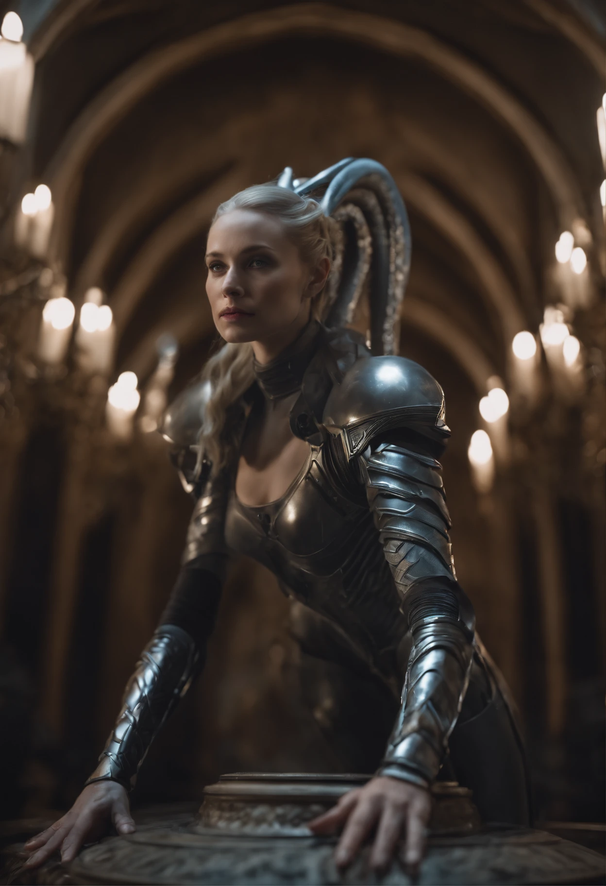 Create a hyper-realistic 3D image of a regal alien queen with human features, capturing a dynamic pose with one arm reaching forward as if in motion to grab. She's a 20-year-old white female, adorned in skin-tight, ash-gray xenomorph-style armor with baroque influences, fitted to her athletic physique. Her hair consists of flowing blonde tendrils, fully covering her scalp, and her face is human with pale grey lips and bright blue eyes. She has an athletic build, a significant tail, and human-like hands and feet with elegant nails. The queen is seen mid-leap in an evasive maneuver through a group of human soldiers in a chamber that combines gothic and biomechanical aesthetics with dark, complex designs. The chamber's lighting casts an ominous glow that reflects off her metallic armor, enhancing the scene's action-packed and suspenseful atmosphere. The image should offer a diagonal side view, focusing on the queen's outstretched arm and the agility of her leap.