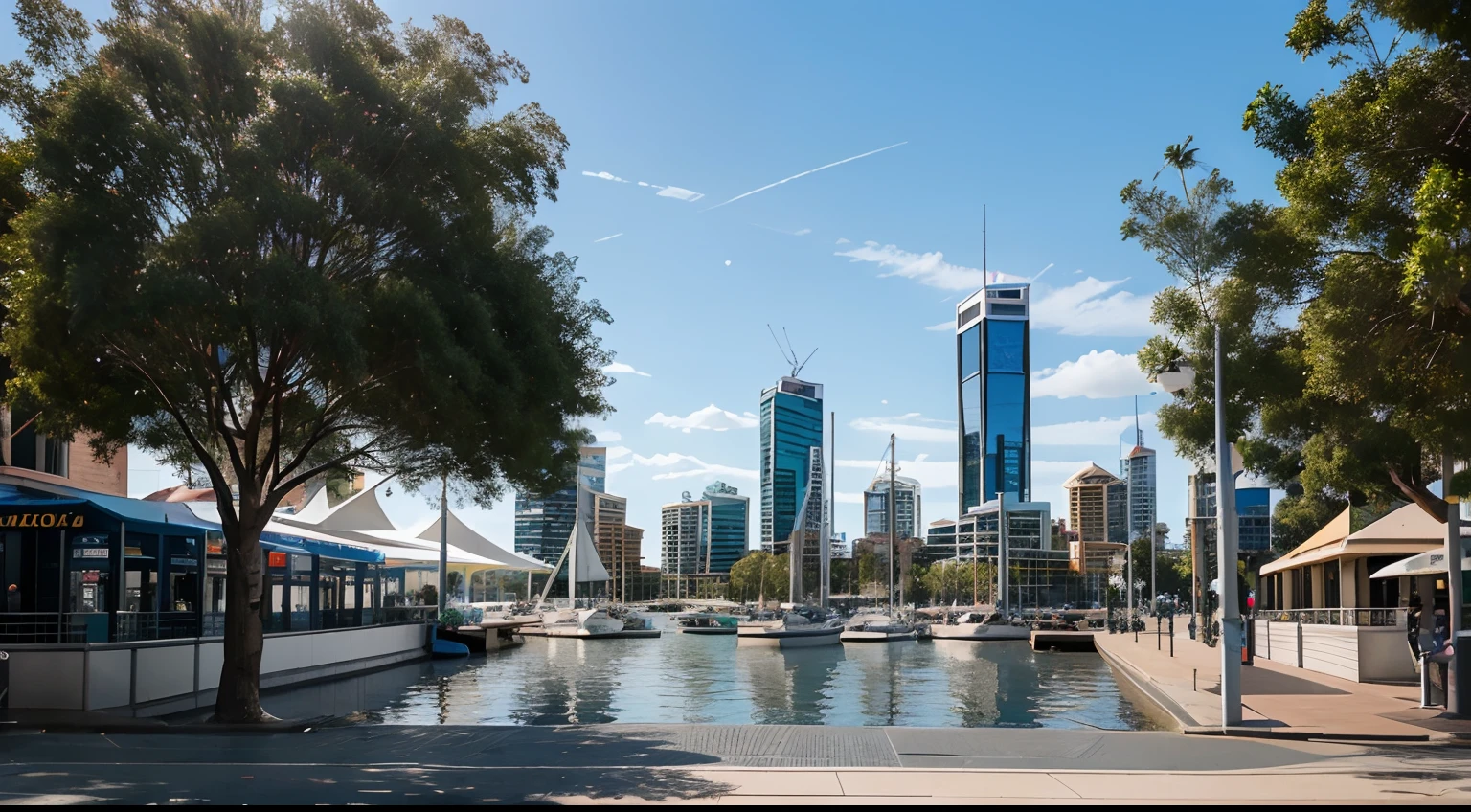 a hyper realistic photography of Elizabeth Quay in Perth, Western Australia, no people, Nikon D850 DSLR 4k camera, 100mm lens, F 1.2 aperture setting, bright and natural lighting, vibrant, fun and relaxing atmosphere