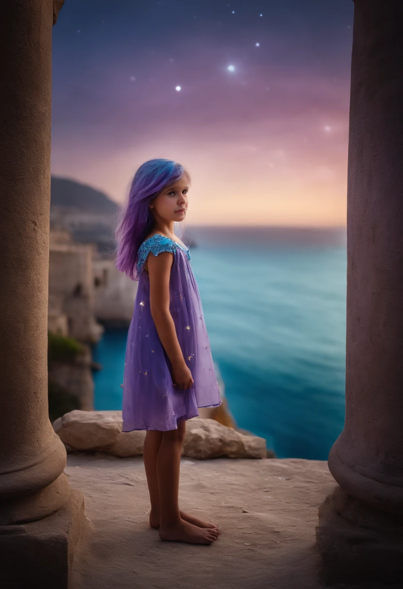A beautiful girl, about . Long light blue hair, straight hair, messy hair, bangs and big eyes (the right eye blue, the left right purple). The girl wears a turquoise tunic and purple tide pants. Greek templo ruins background. Starry night sky.