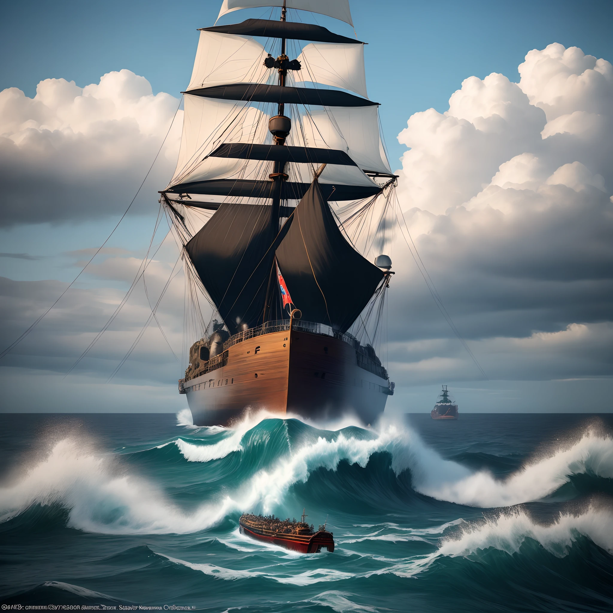 Navio numa tempestade negra, Cannon fire against sea monster