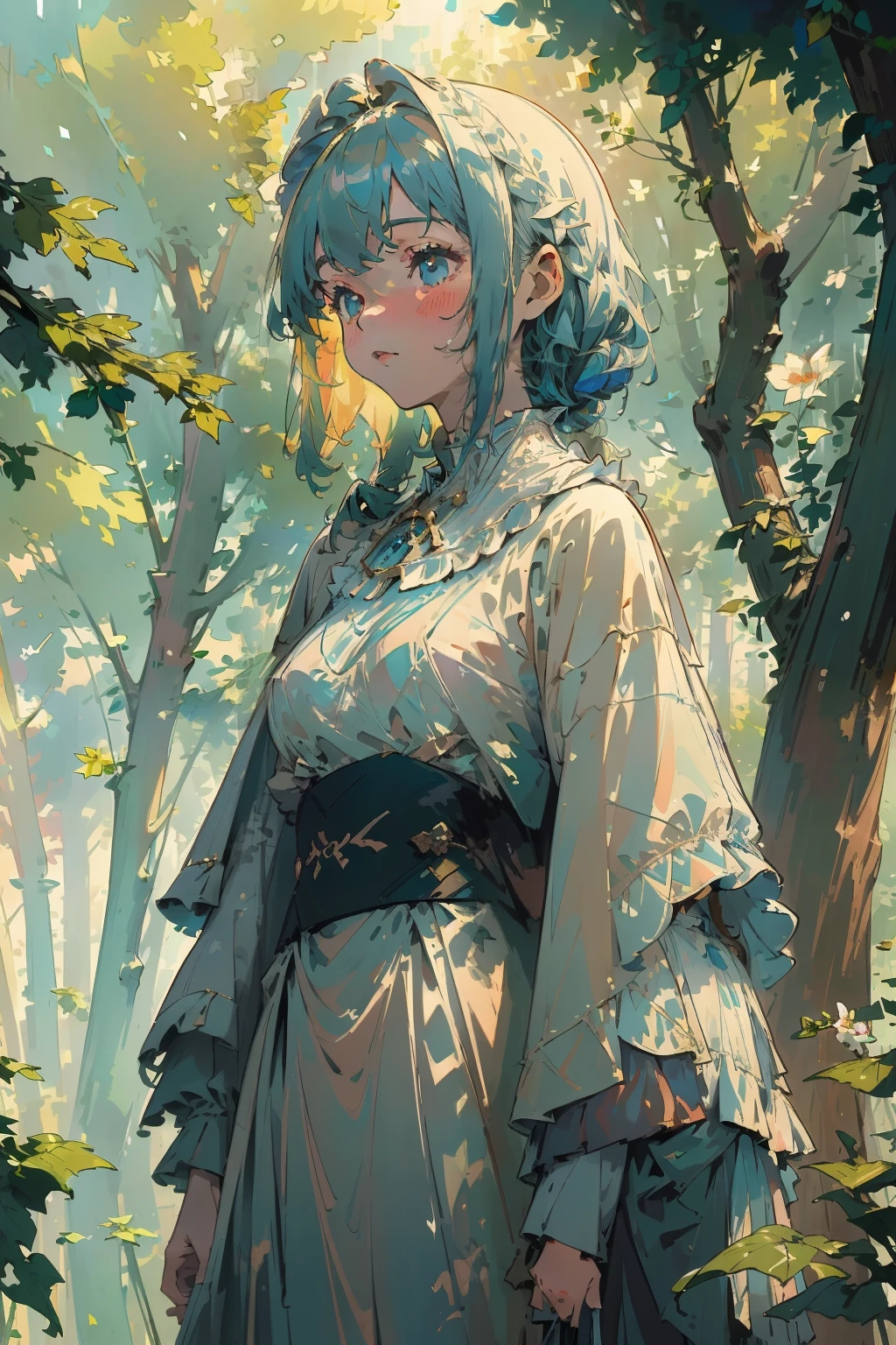 (masterpiece,best quality,ultra-detailed), (impressionism:1.4) a beautiful young woman standing in front of a forest, white and pale blue toned, davide sorrenti, anamorphic 5 0 mm lens, close-up portrait film still, gothic influence, wearing an oversized sweater, editorial photograph, colour shift