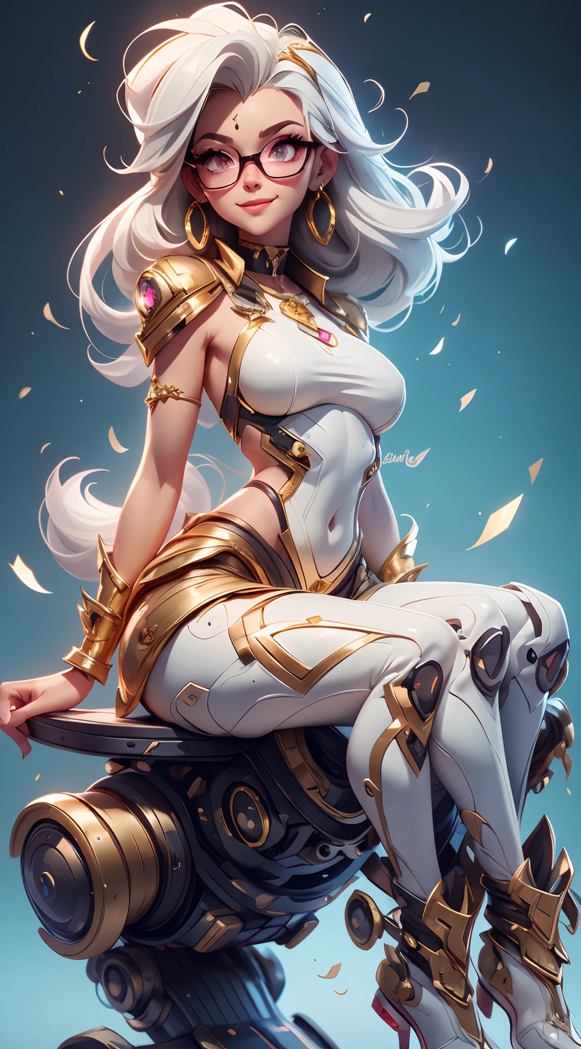 A fantz monster design, Cute robots in space [style-rustmagic]，female robot，Half-human, tmasterpiece，（tmasterpiece，top-quality，best qualityer），1girll， jewely，耳Nipple Ring，choker necklace，bangle，  hoop earings， circle glasses，sun glasses， Long hair and long flesh， Blonde hair，Black color hair，Silvery-white hair，Maroon hair， 独奏，  ssmile，  looking at viewert， motorvehicle，The Car， Sports cars，groundvehicle， Sat down， exteriors， daysies， nedium breasts，Open navel， dark skinned female，  Estampados florales， grinning smile，collars，Laser cloth，Sexy bikini，laser，holy rays，gold foil，Gold leaf art，glitter drawing，Correct anatomy，Detailed face, Detailed eyes，Chest exposed，