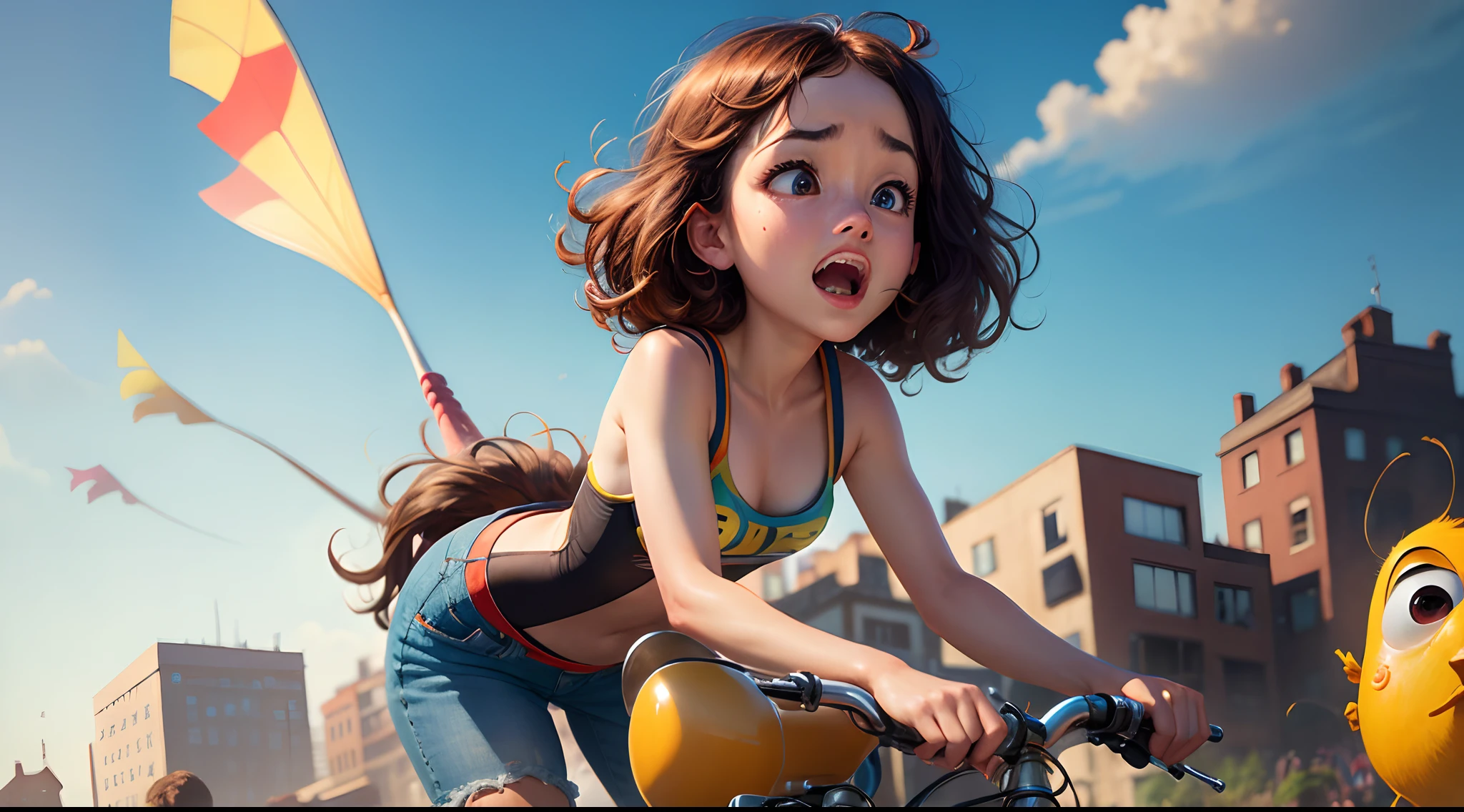 a girl riding a bicycle, seascape, fresh wind, shining sun, (best quality,4k,8k,highres,masterpiece:1.2),ultra-detailed,(realistic,photorealistic,photo-realistic:1.37),beautiful detailed eyes,beautiful detailed lips,extremely detailed eyes and face,longeyelashes,outdoor scenery,sandy beach,ocean waves,coastal landscape,vibrant colors,bright sunlight,warm summer day,dynamic pose,pedaling bicycle forward,carefree expression,windblown hair,scenic coastal view,atmospheric lighting,golden hour sunlight,detailed texture,cinematic framing