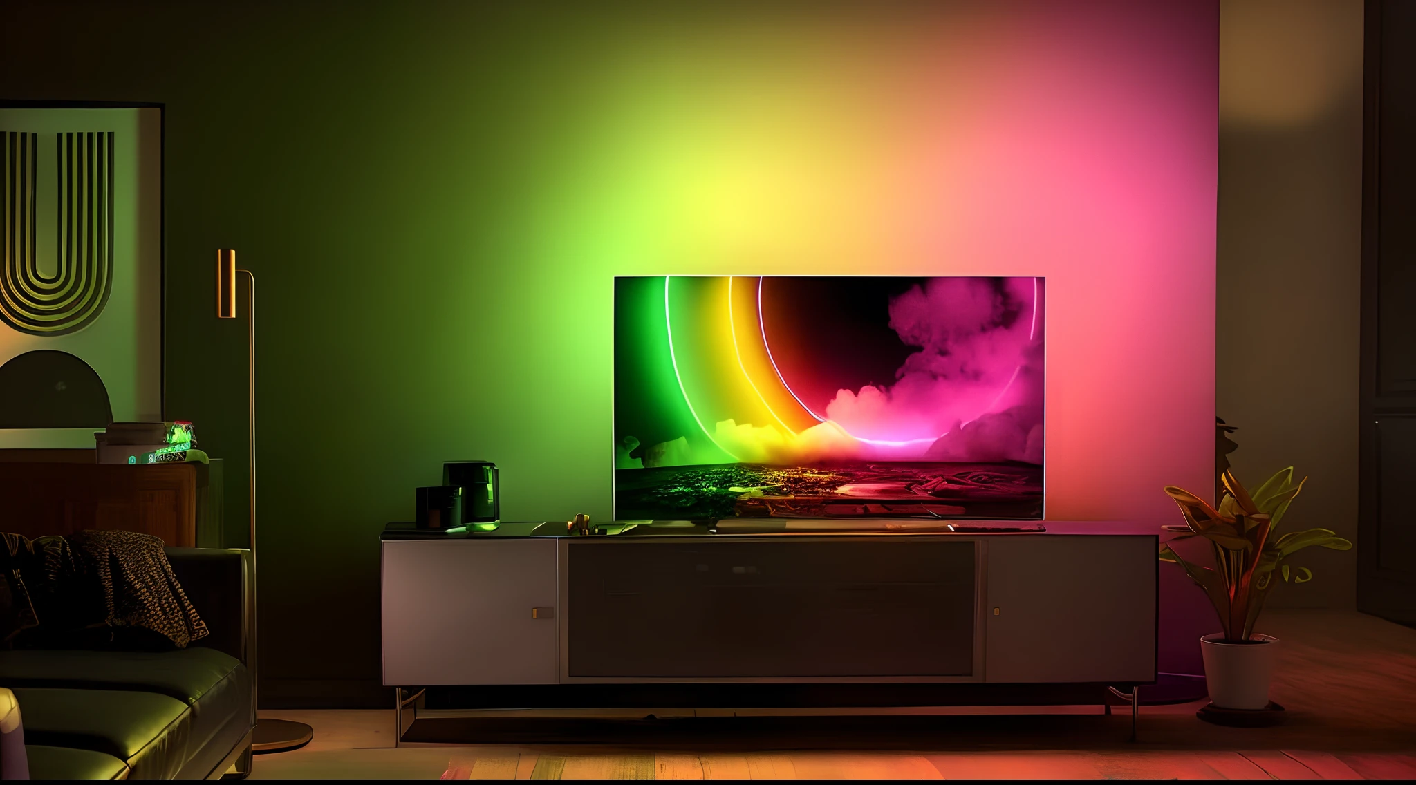 There is a colorful TV on the stand in the living room, neon ambient lighting, RGB lighting, Dramatic and colorful lighting, Cinematic color lighting, colored lighting, Sam, oled lights in corners, green ambient light, Colored indicators, You are 8K, psychedelic lighting, volumetric rainbow lighting, rgb lights, Vibrant cinematic lighting, rgb ethereal lighting, Colorful lighting