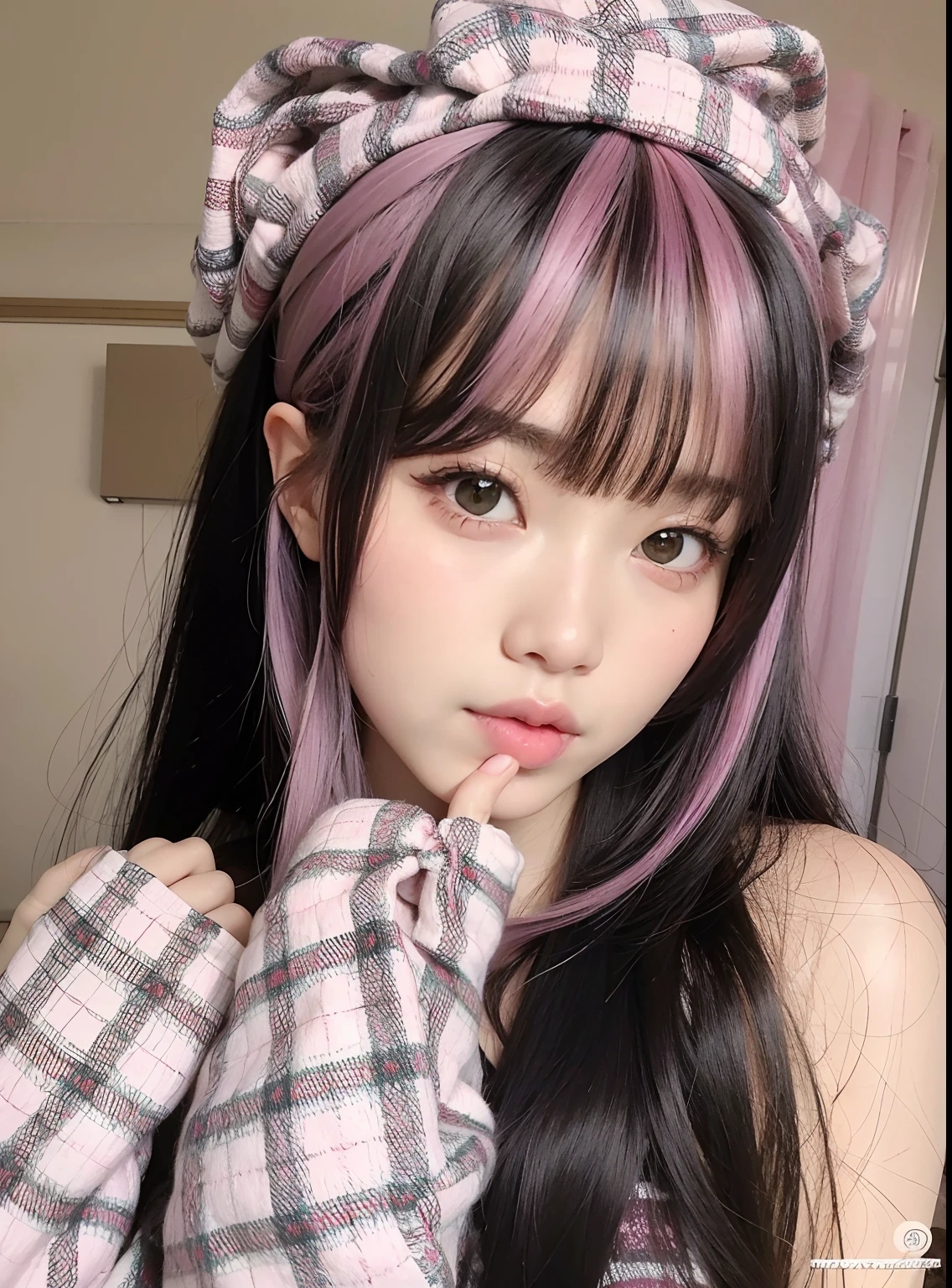 um close up de uma pessoa com cabelos longos vestindo uma camisa xadrez, Ulzzang, kawaii retrato realista, menina kawaii bonito, Penteado kawaii, maquiagem sul-coreana popular, wan adorable korean face, kawaii estilo de cabelo, linda Delphine, muito bonita gatinha fofa, maquiagem coreana popular, bonito rosto de anime natural, Ruan Vtuber Fofo, kawaii aesthetic