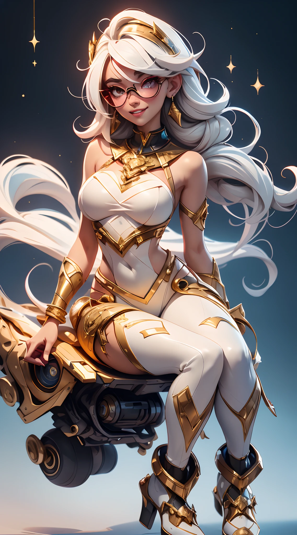 A fantz monster design, Cute robots in space [style-rustmagic]，female robot，Half-human, tmasterpiece，（tmasterpiece，top-quality，best qualityer），1girll， jewely，耳Nipple Ring，choker necklace，bangle，  hoop earings， circle glasses，sun glasses， Long hair and long flesh， Blonde hair，Black color hair，Silvery-white hair，Maroon hair， 独奏，  ssmile，  looking at viewert， motorvehicle，The Car， Sports cars，groundvehicle， Sat down， exteriors， daysies， nedium breasts，Open navel， dark skinned female，  Estampados florales， grinning smile，collars，Laser cloth，Sexy bikini，laser，holy rays，gold foil，Gold leaf art，glitter drawing，Correct anatomy，Detailed face, Detailed eyes，Chest exposed，