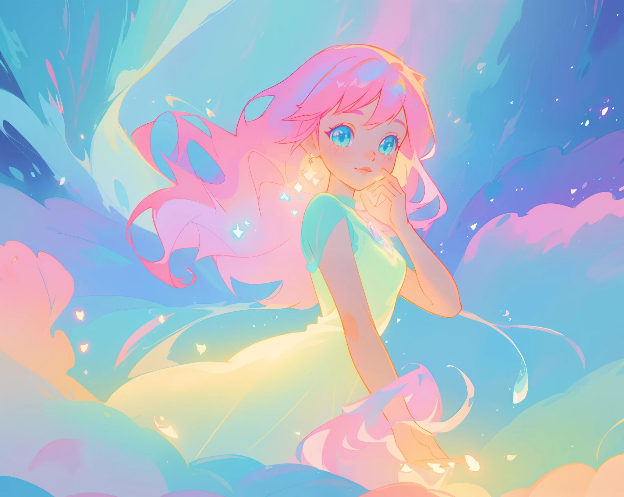beautiful girl in sparkling white puffy dress, vibrant pastel colors, (colorful), magical lights, long flowing colorful pink hair, otherworldly aqua and blue landscape background, inspired by Glen Keane, inspired by Lois van Baarle, disney art style, by Lois van Baarle, glowing aura around her, by Glen Keane, jen bartel, glowing lights! digital painting, flowing glowing hair, glowing flowing hair, beautiful digital illustration, fantasia background, whimsical, magical, fantasy, beautiful face, ((masterpiece, best quality)), intricate details, highly detailed, sharp focus, 8k resolution, sparkling detailed eyes, liquid watercolor