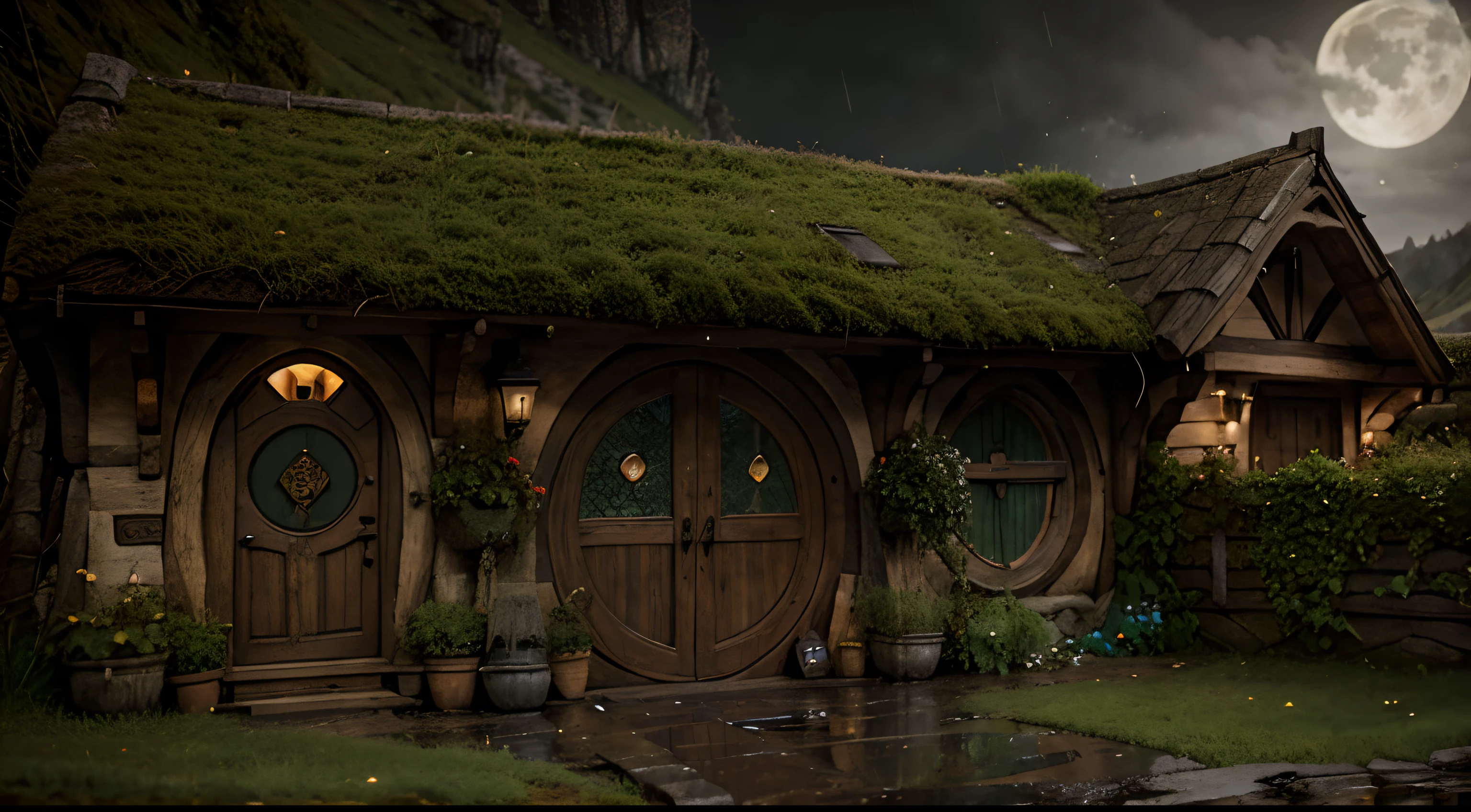 a hobbit village at rainy night, hobbit doors, hobbit windows