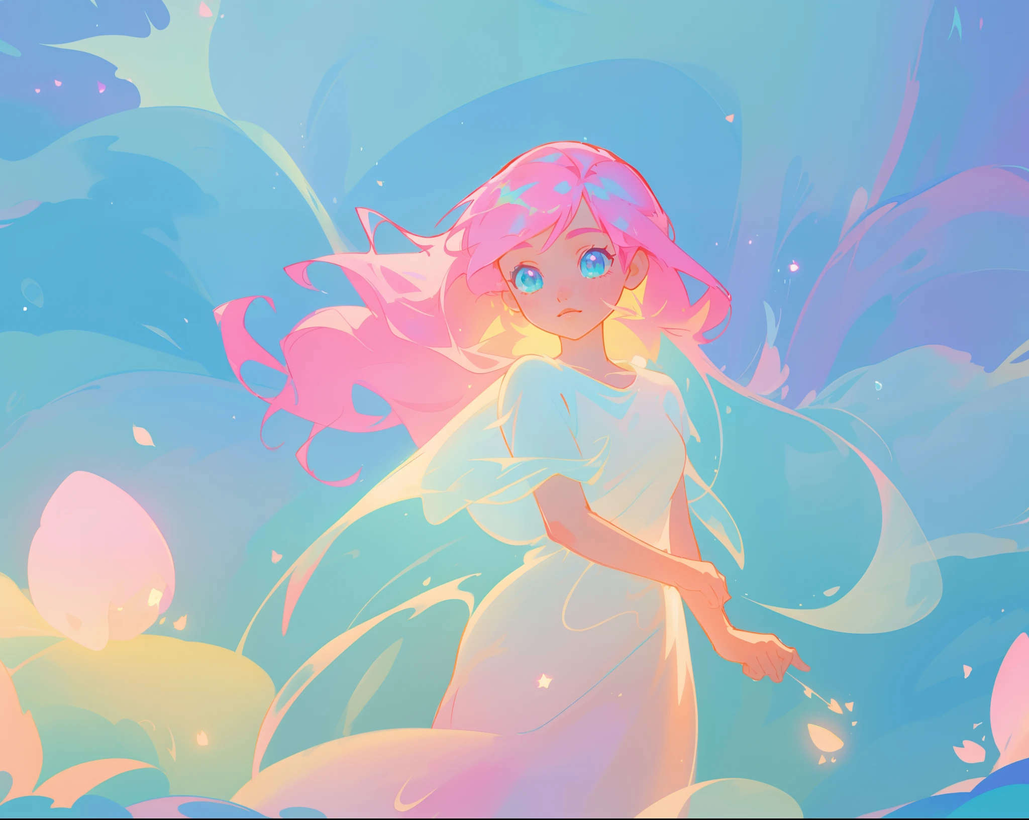 beautiful girl in flowing white dress, vibrant pastel colors, (colorful), magical lights, long flowing colorful pink hair, otherworldly aqua and blue landscape background, inspired by Glen Keane, inspired by Lois van Baarle, disney art style, by Lois van Baarle, glowing aura around her, by Glen Keane, jen bartel, glowing lights! digital painting, flowing glowing hair, glowing flowing hair, beautiful digital illustration, fantasia background, whimsical, magical, fantasy, beautiful face, ((masterpiece, best quality)), intricate details, highly detailed, sharp focus, 8k resolution, sparkling detailed eyes, liquid watercolor